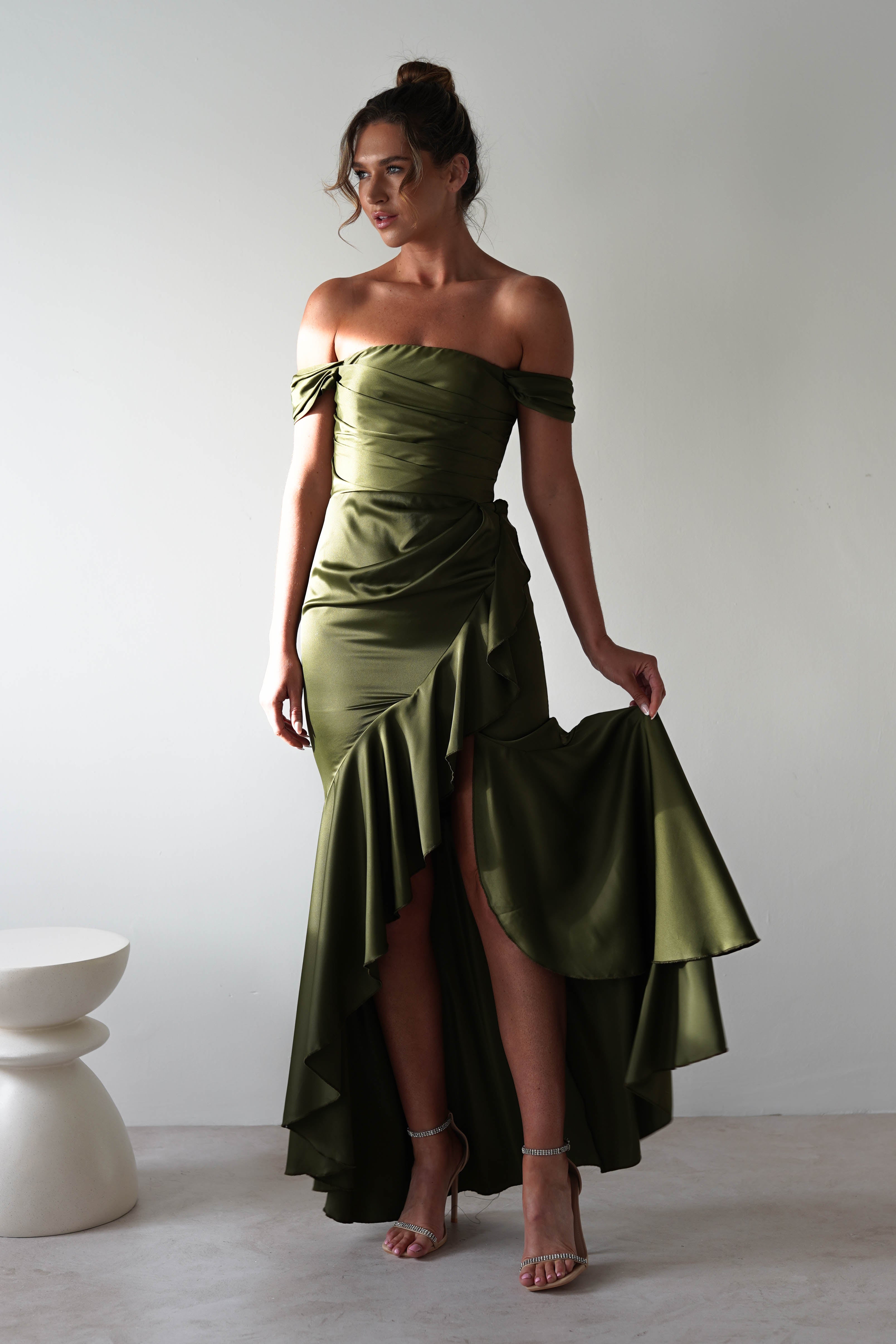 Amaretta Soft Satin Maxi Dress | Olive