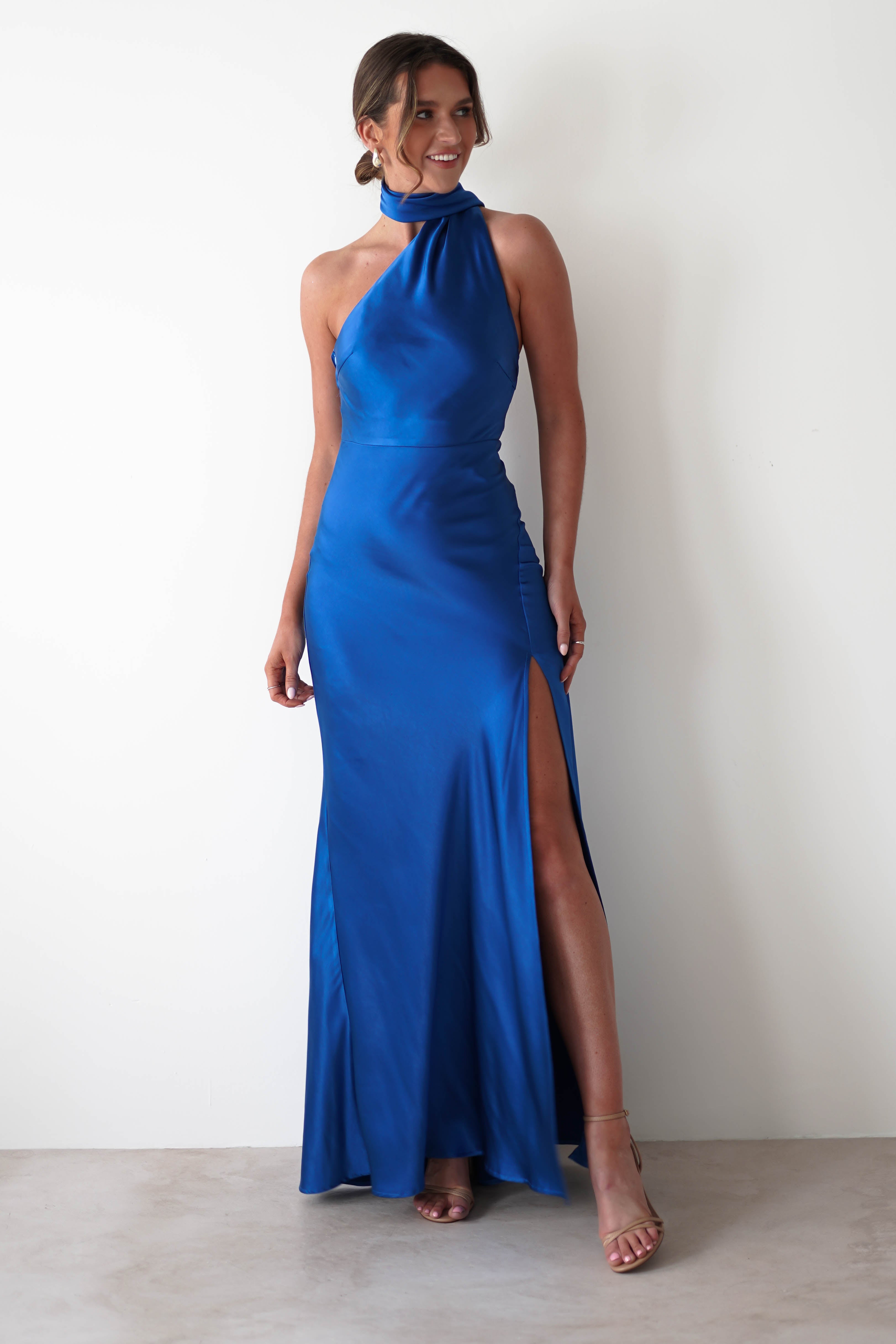 Amelda Soft Satin Maxi Gown Dress | Cobalt Blue