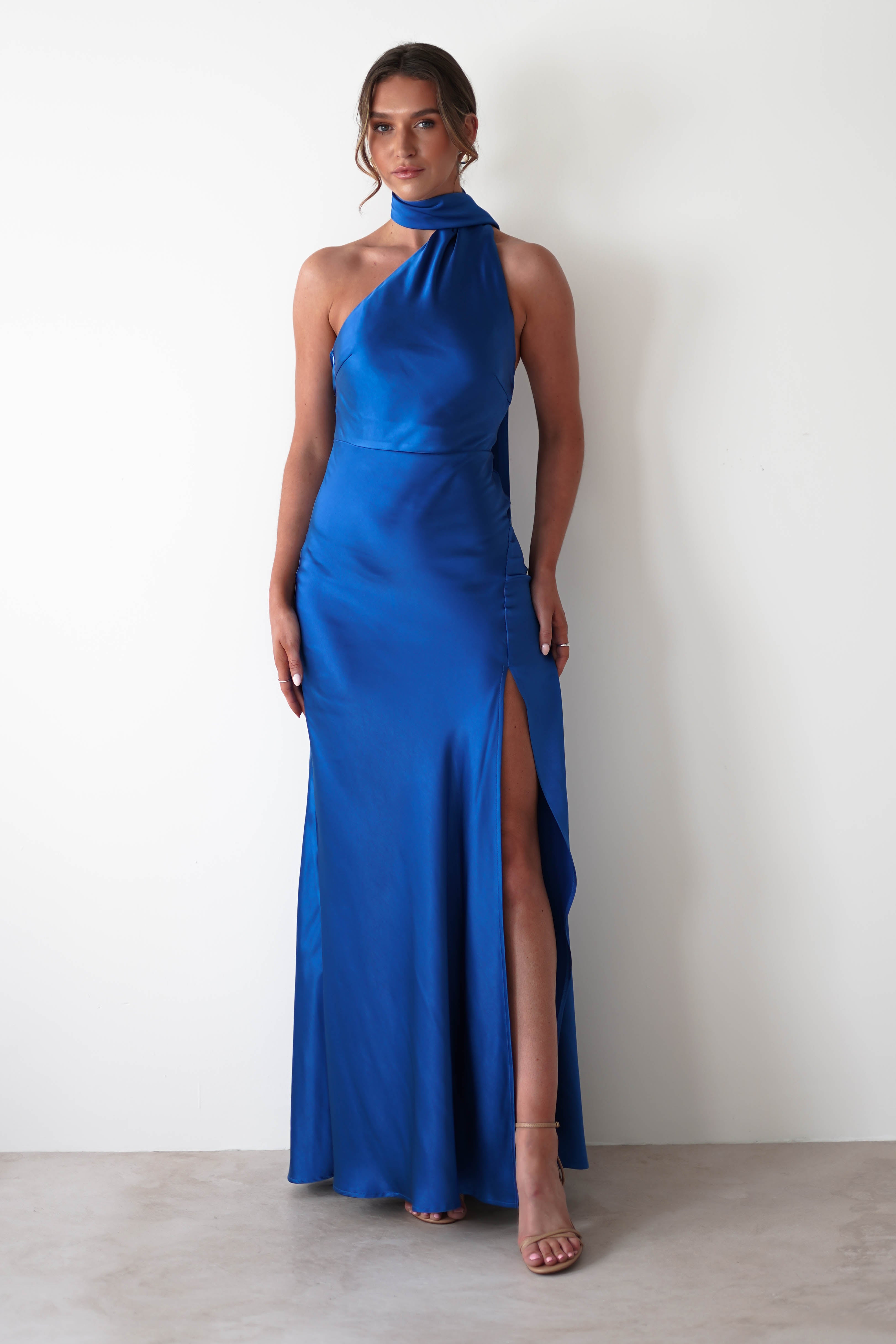Amelda Soft Satin Maxi Gown Dress | Cobalt Blue