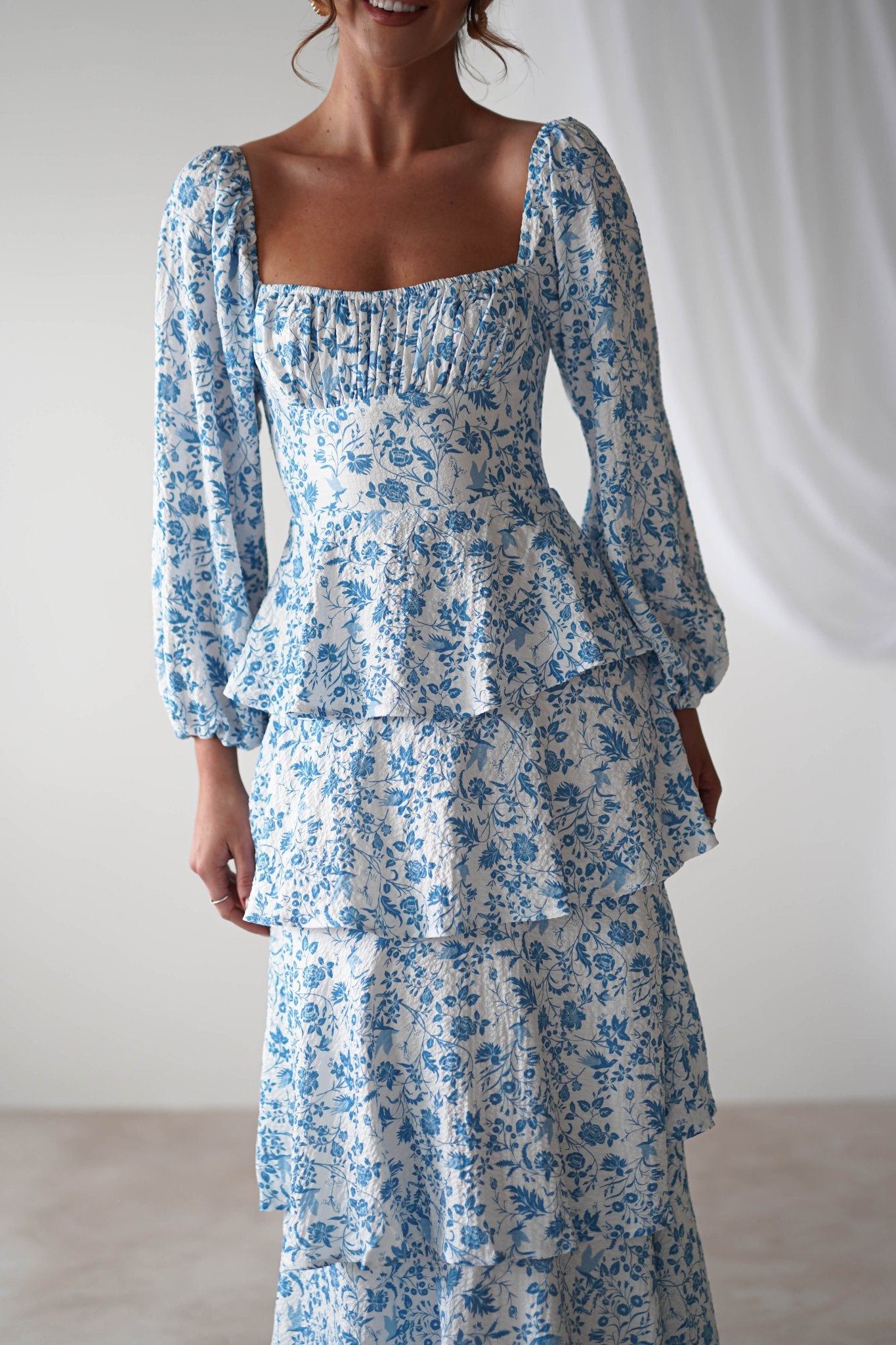 Amelie Floral Print Maxi Dress | Blue/White | Oh Hello Clothing | 6