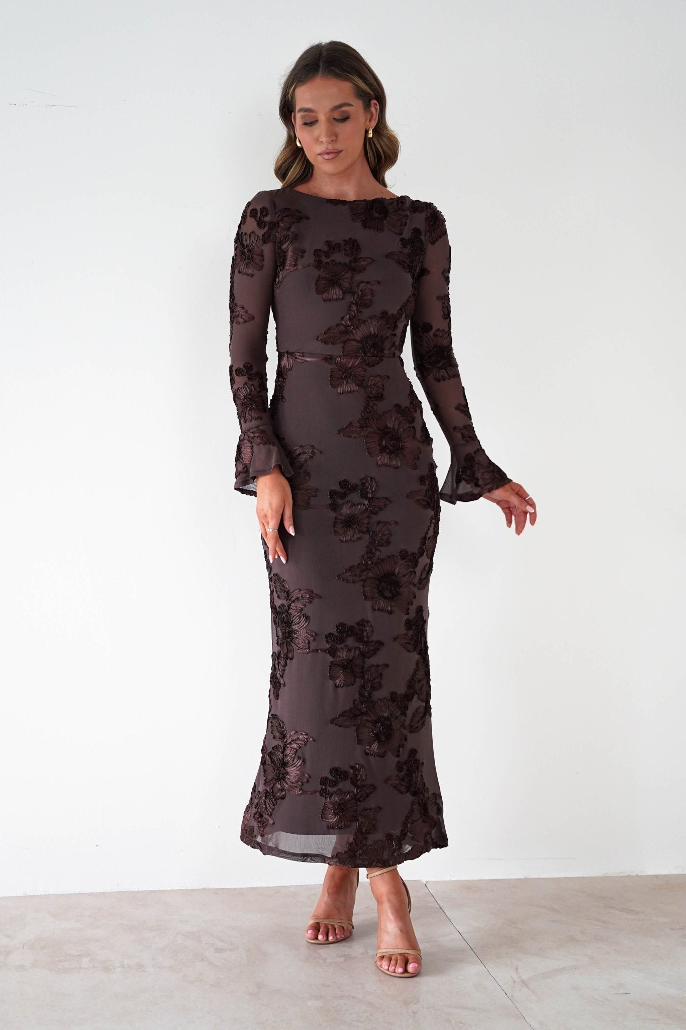 Amelita Long Sleeve Textured Maxi Dress | Brown | Oh Hello Clothing | XS (6)