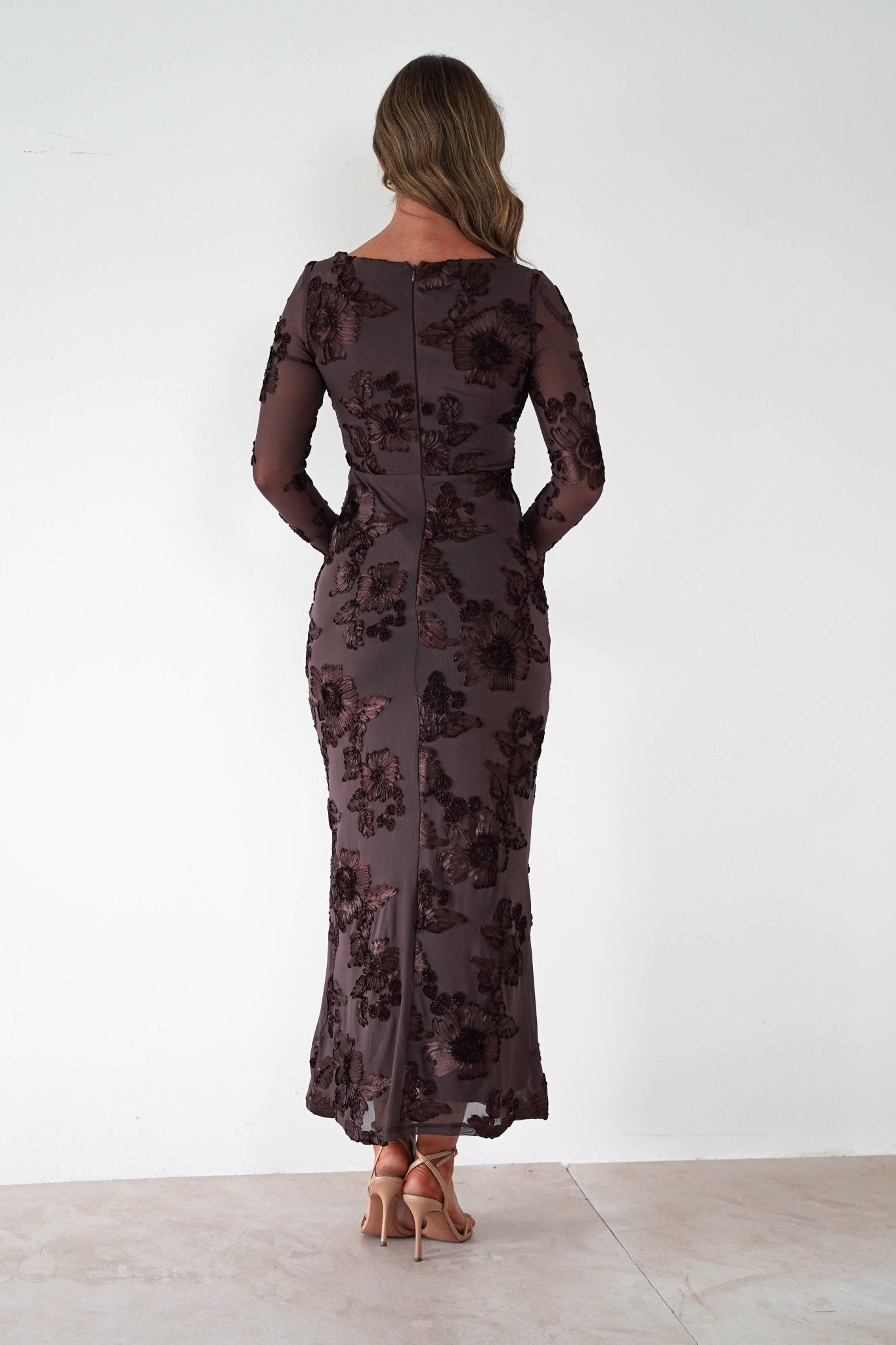 Amelita Long Sleeve Textured Maxi Dress | Brown | Oh Hello Clothing | XS (6)