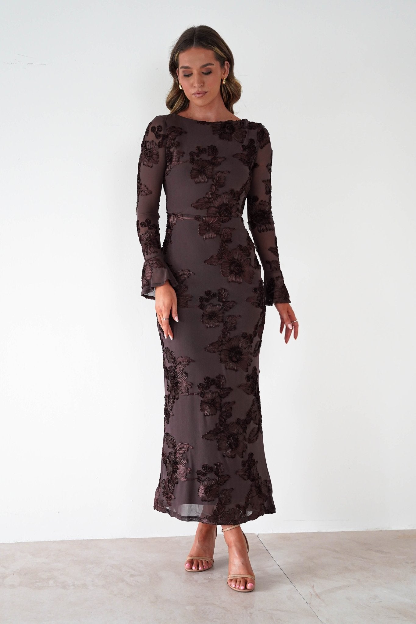 Amelita Long Sleeve Textured Maxi Dress | Brown | Oh Hello Clothing | XS (6)