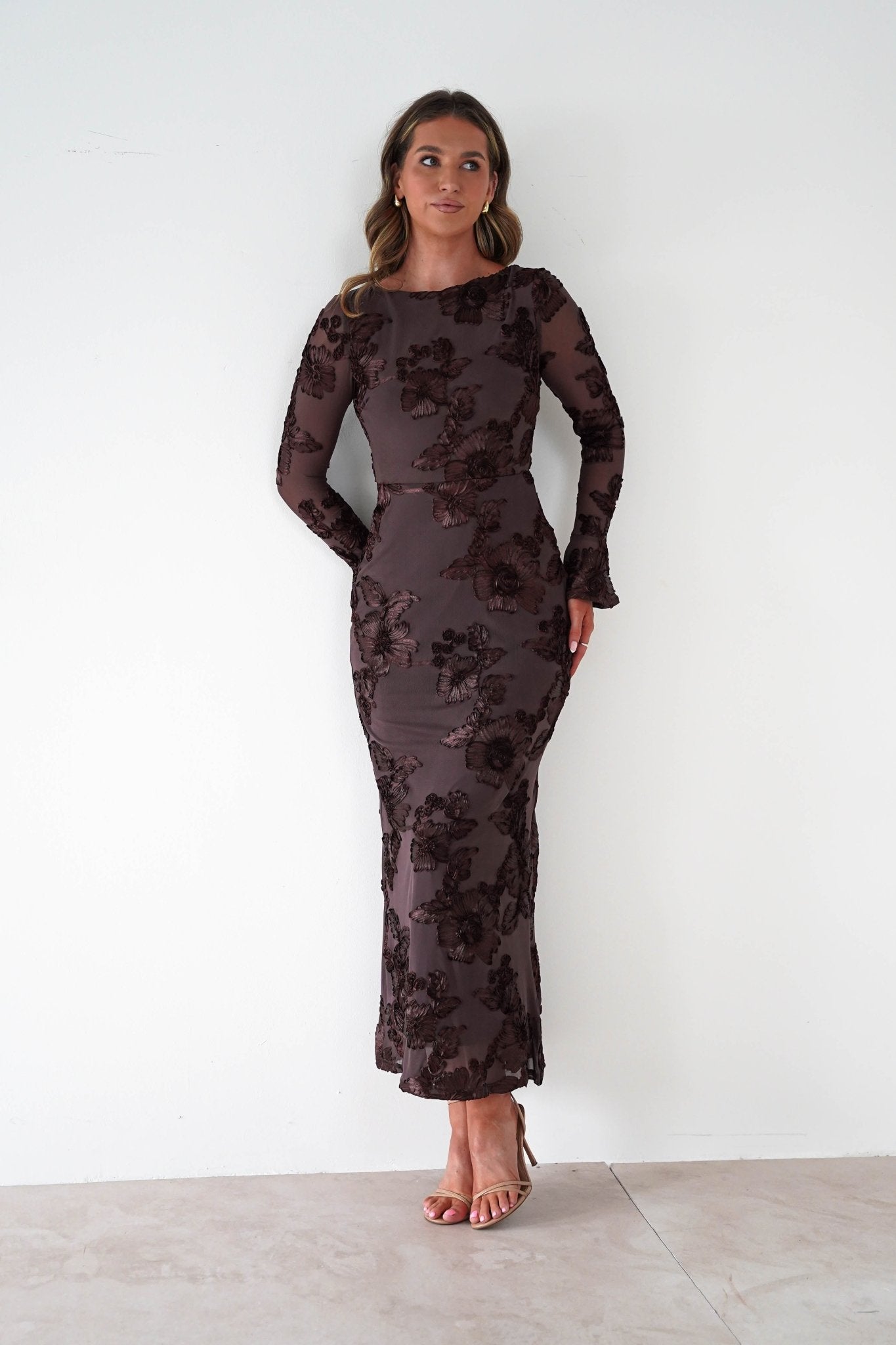 Amelita Long Sleeve Textured Maxi Dress | Brown | Oh Hello Clothing | XS (6)