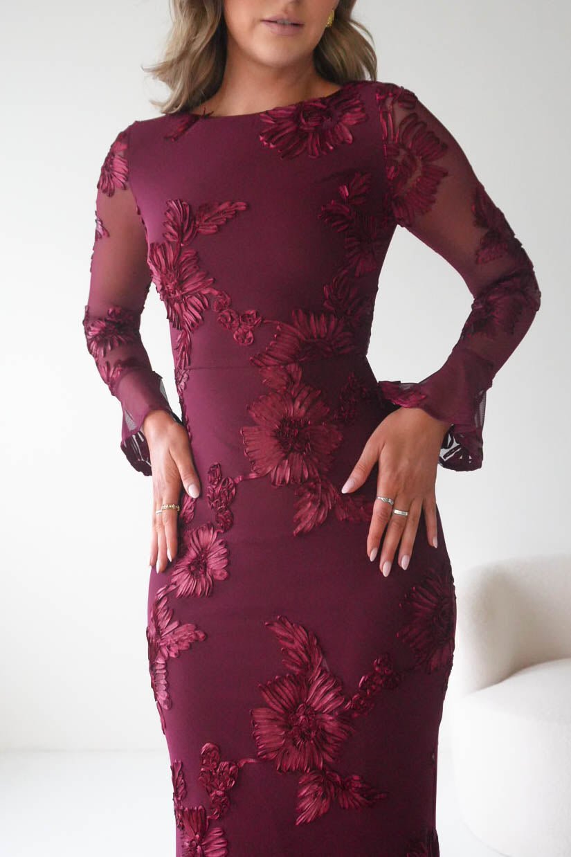 Oh Hello Clothing Dresses Amelita Long Sleeve Textured Maxi Dress | Wine