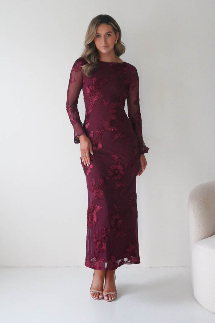 Oh Hello Clothing Dresses Amelita Long Sleeve Textured Maxi Dress | Wine