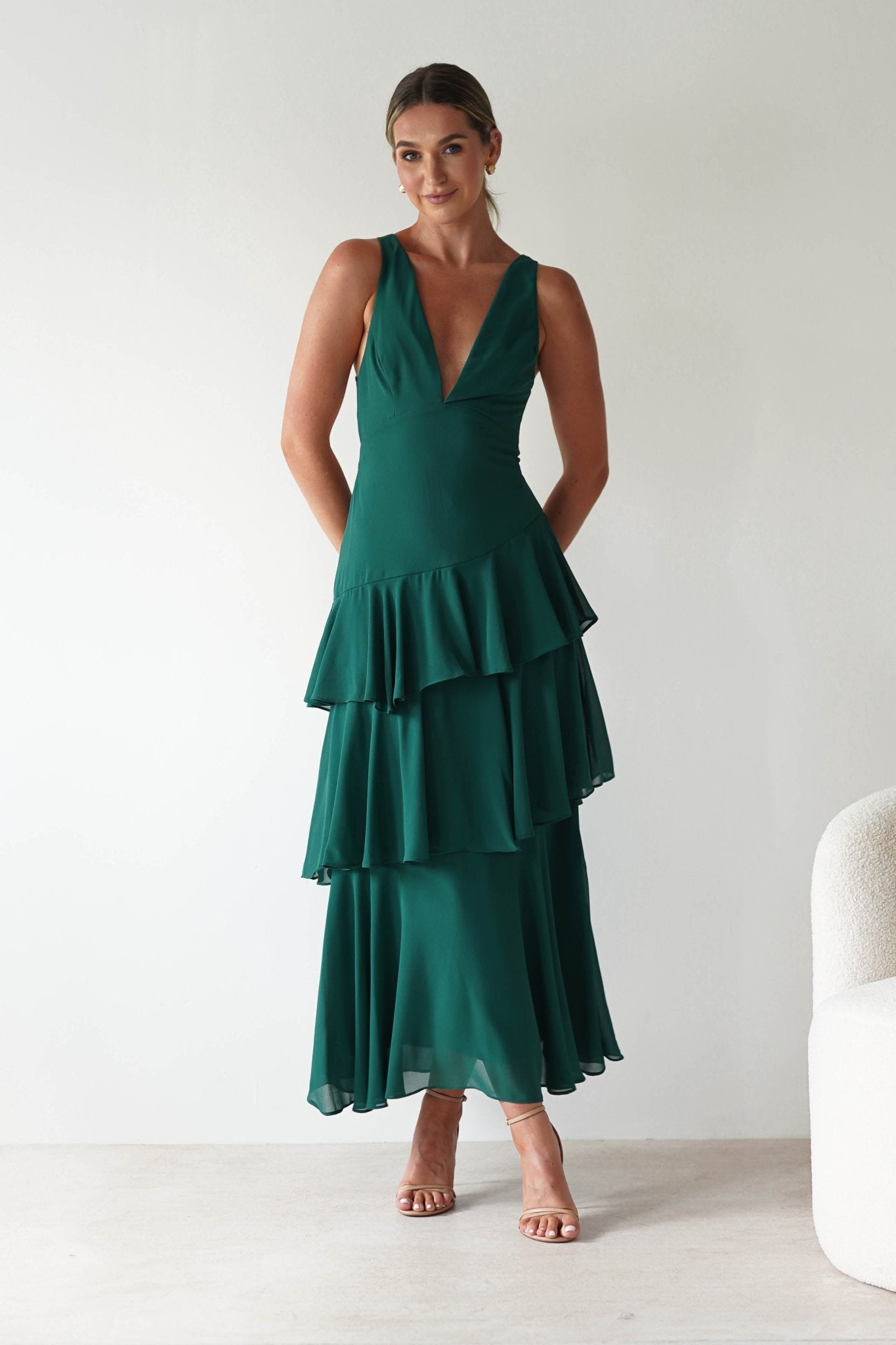 Andalusia Ruffle Maxi Dress Forest Green