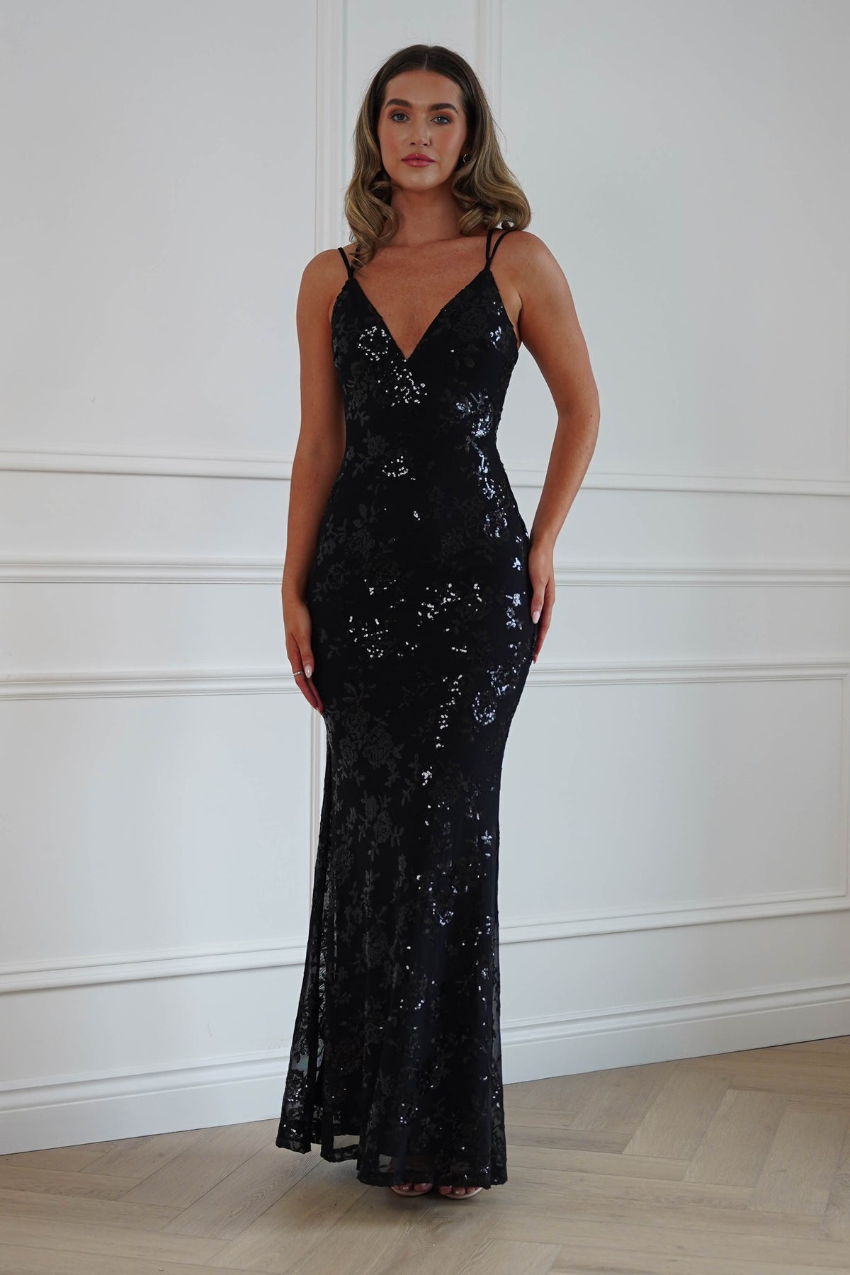 Oh Hello Clothing Dresses > Prom Dresses Andria Floral Sequin Maxi Gown | Black