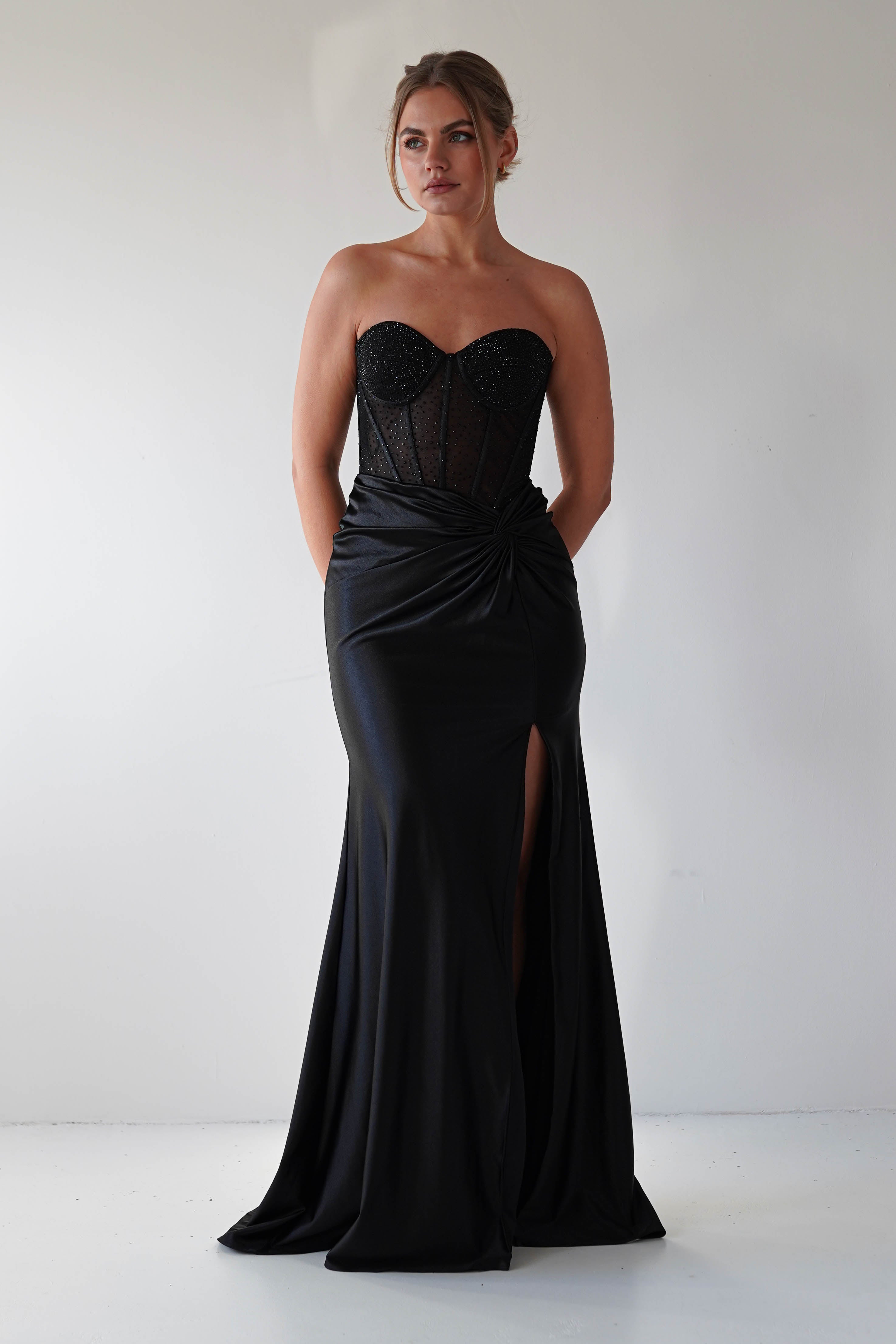 Andrina Rhinestone Strapless Gown | Black