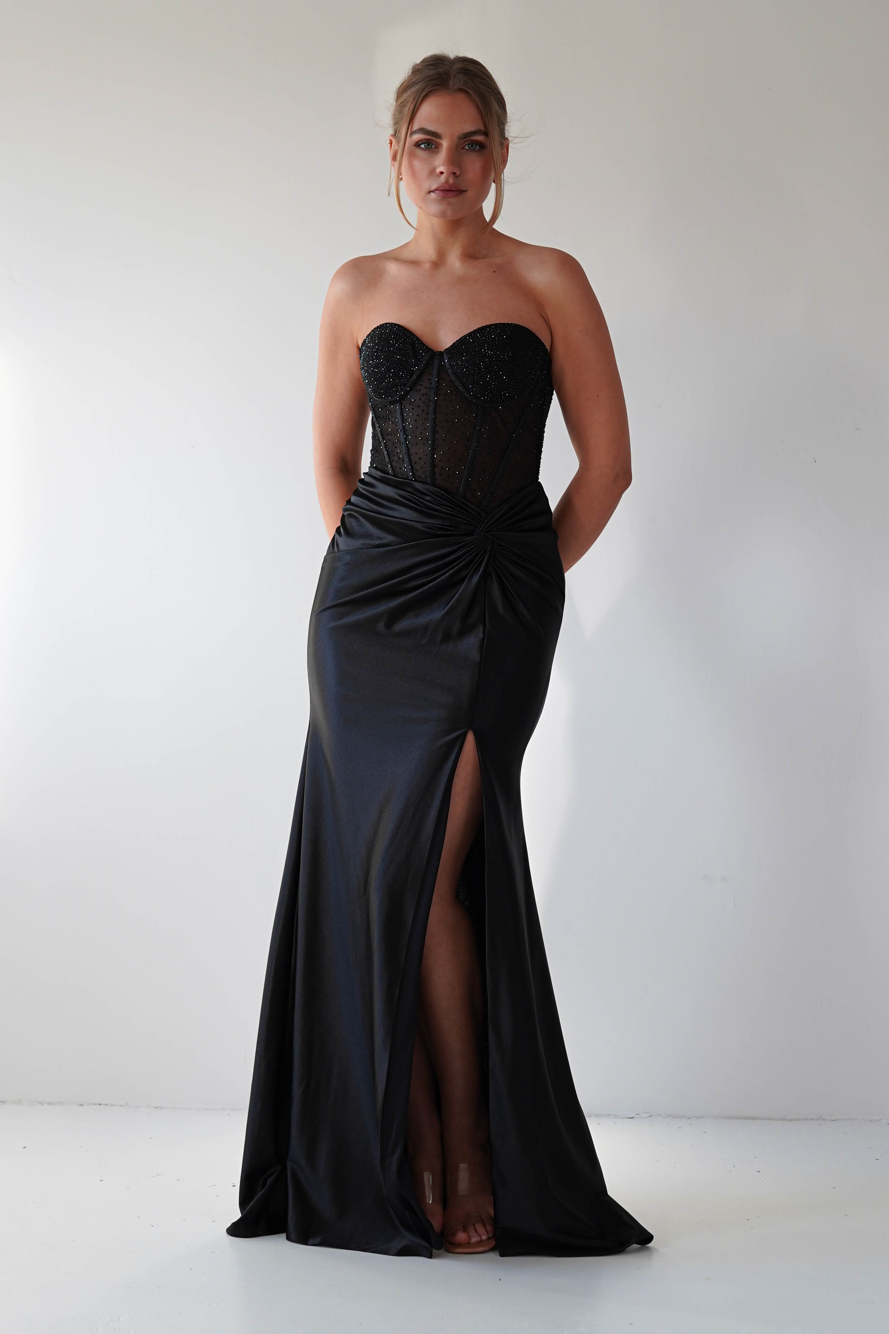 Andrina Rhinestone Strapless Gown | Black