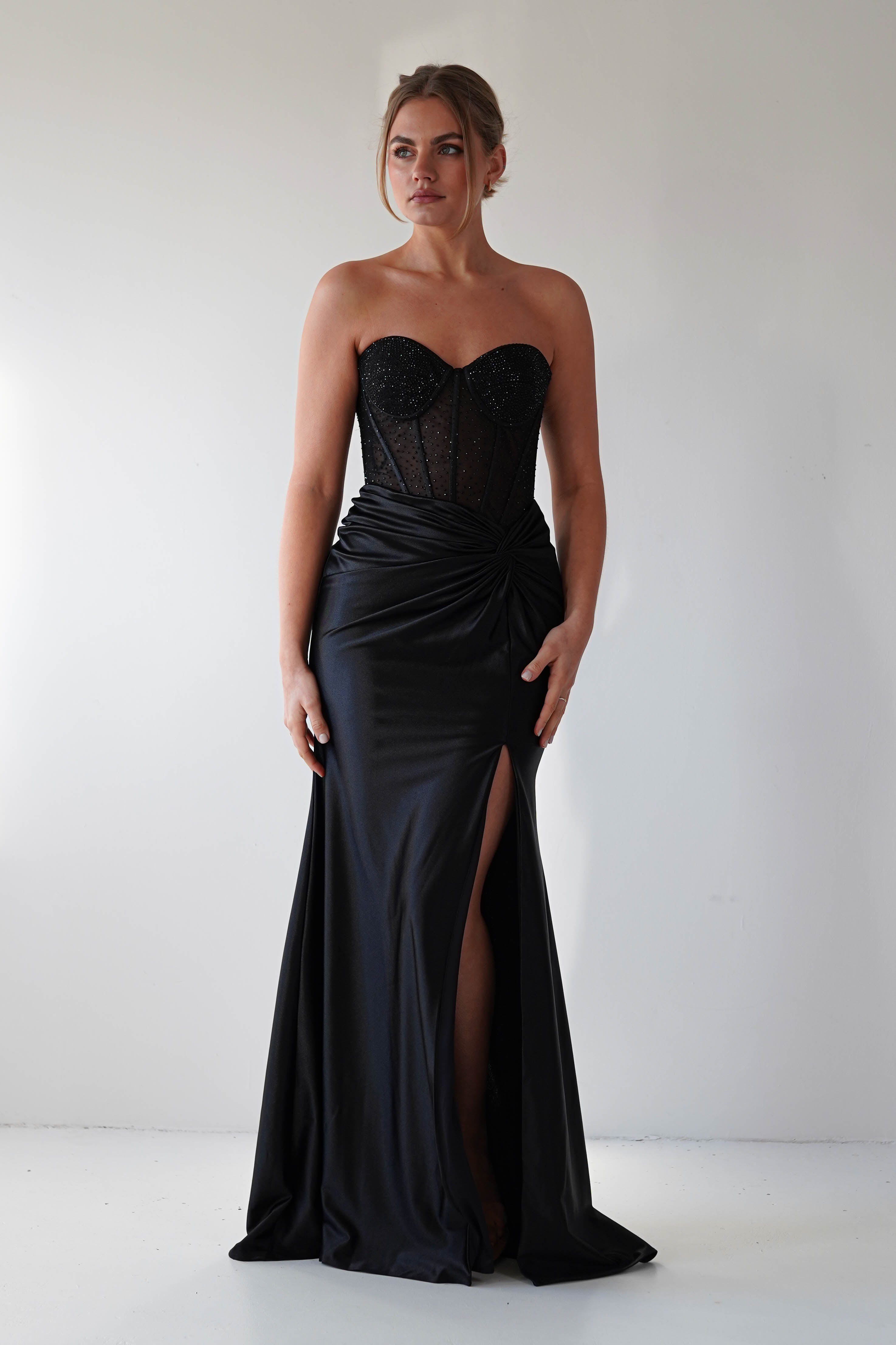 Andrina Rhinestone Strapless Gown | Black