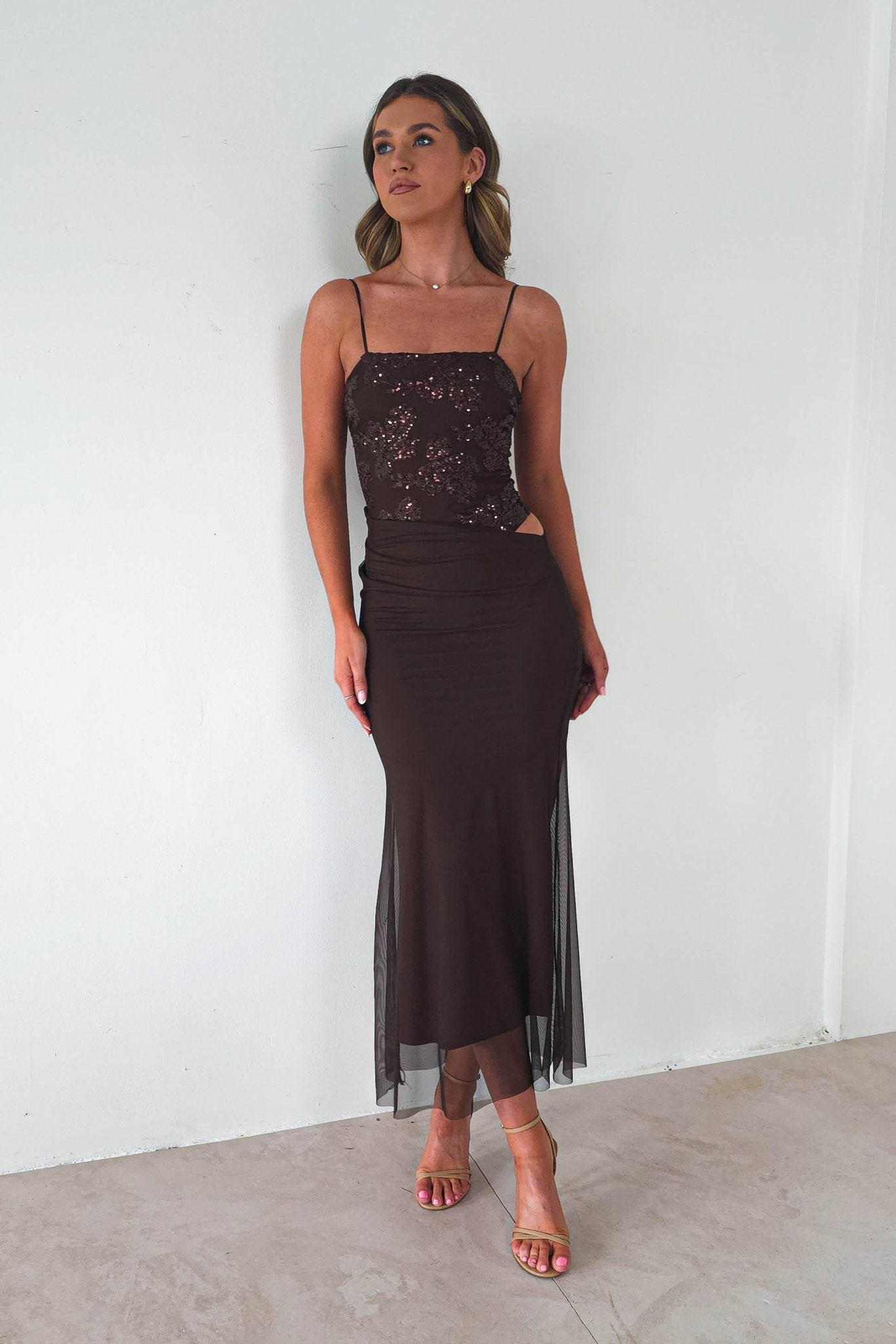 Angela Sequin Mesh Maxi Dress | Brown | Oh Hello Clothing | S/M (8 - 10)