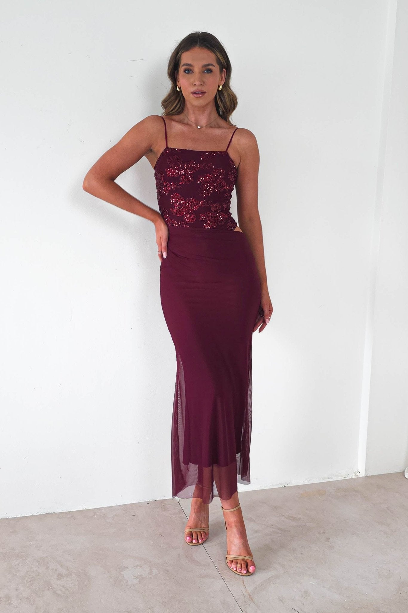 Angela Sequin Mesh Maxi Dress | Wine | Oh Hello Clothing | S/M (8 - 10)