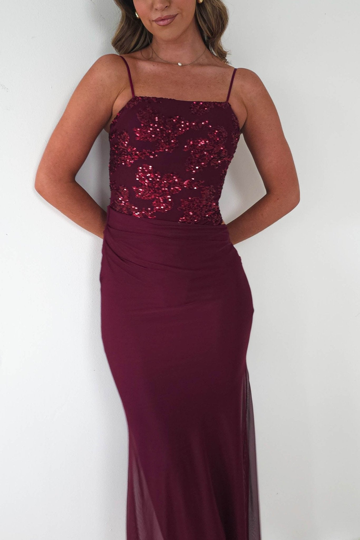 Angela Sequin Mesh Maxi Dress | Wine | Oh Hello Clothing | S/M (8 - 10)