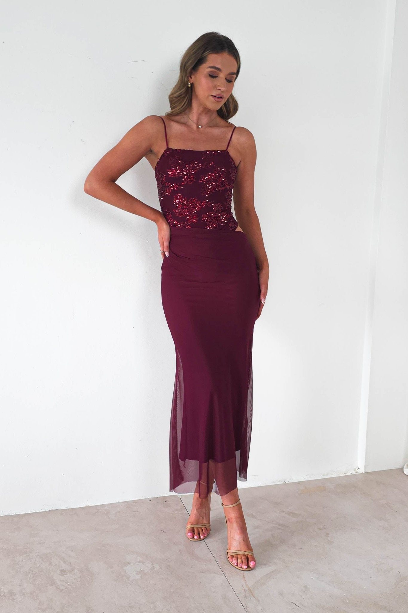 Angela Sequin Mesh Maxi Dress | Wine | Oh Hello Clothing | S/M (8 - 10)