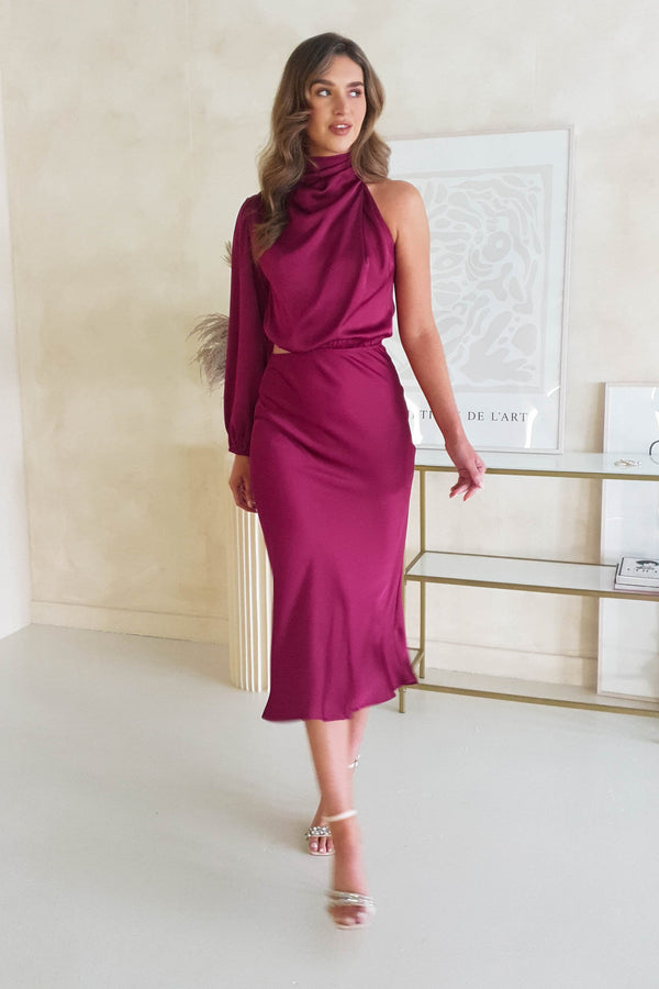 Anysa Soft Satin One Sleeve Midi Dress | Plum