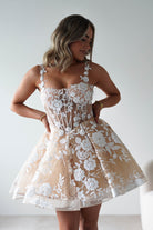 Anziel Mini Skater Dress Floral Embroidery | Nude | Graduation | Bride To Be Hen Dress | Oh Hello Clothing
