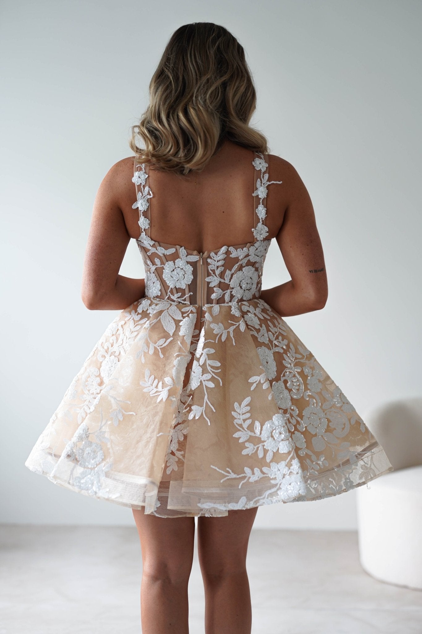 Anziel Mini Skater Dress Floral Embroidery | Nude | Oh Hello Clothing | XS (6)