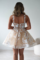 Anziel Mini Skater Dress Floral Embroidery | Nude | Graduation | Bride To Be Hen Dress | Oh Hello Clothing