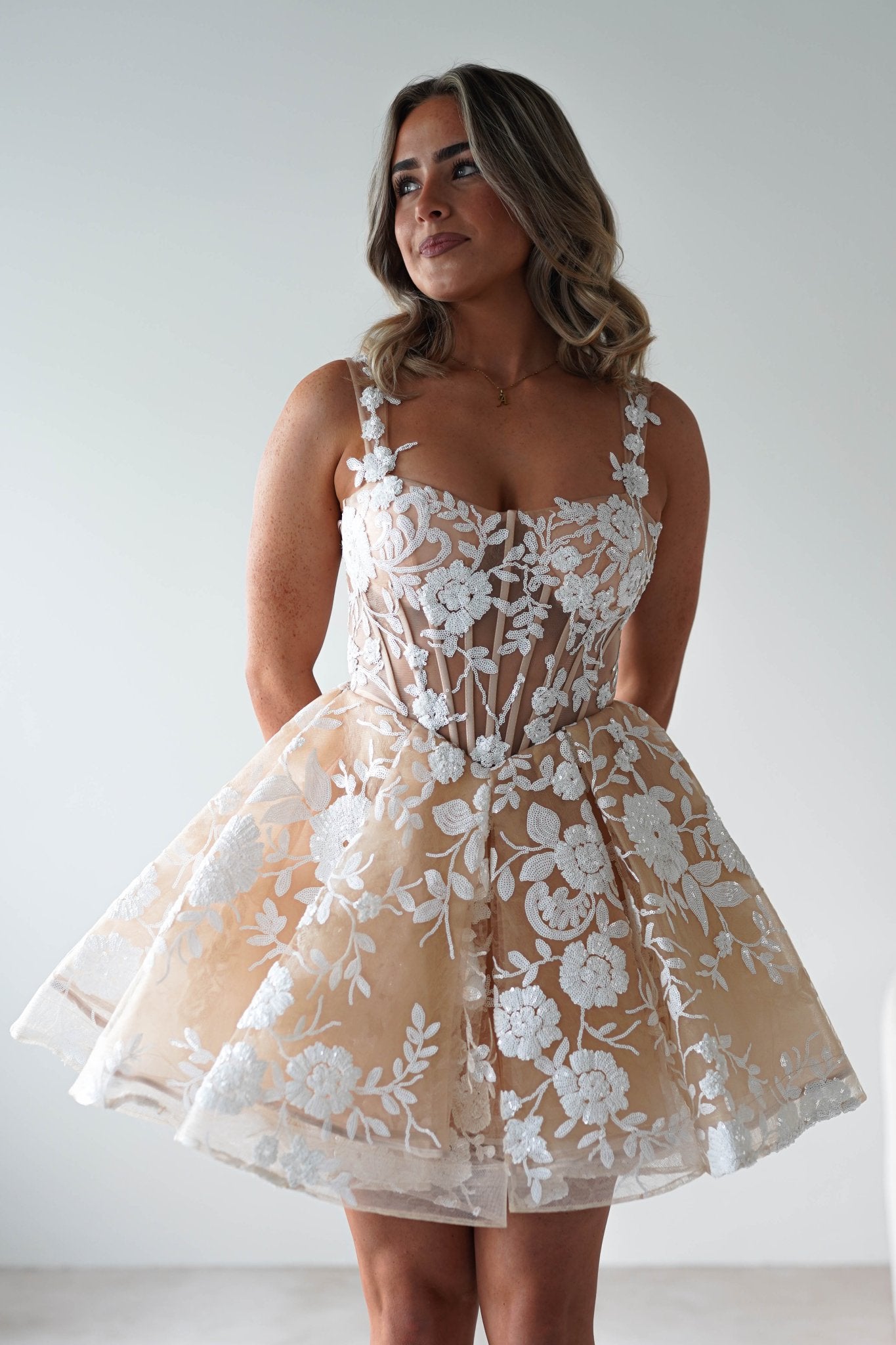 Anziel Mini Skater Dress Floral Embroidery | Nude | Oh Hello Clothing | XS (6)