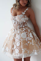 Anziel Mini Skater Dress Floral Embroidery | Nude | Graduation | Bride To Be Hen Dress | Oh Hello Clothing