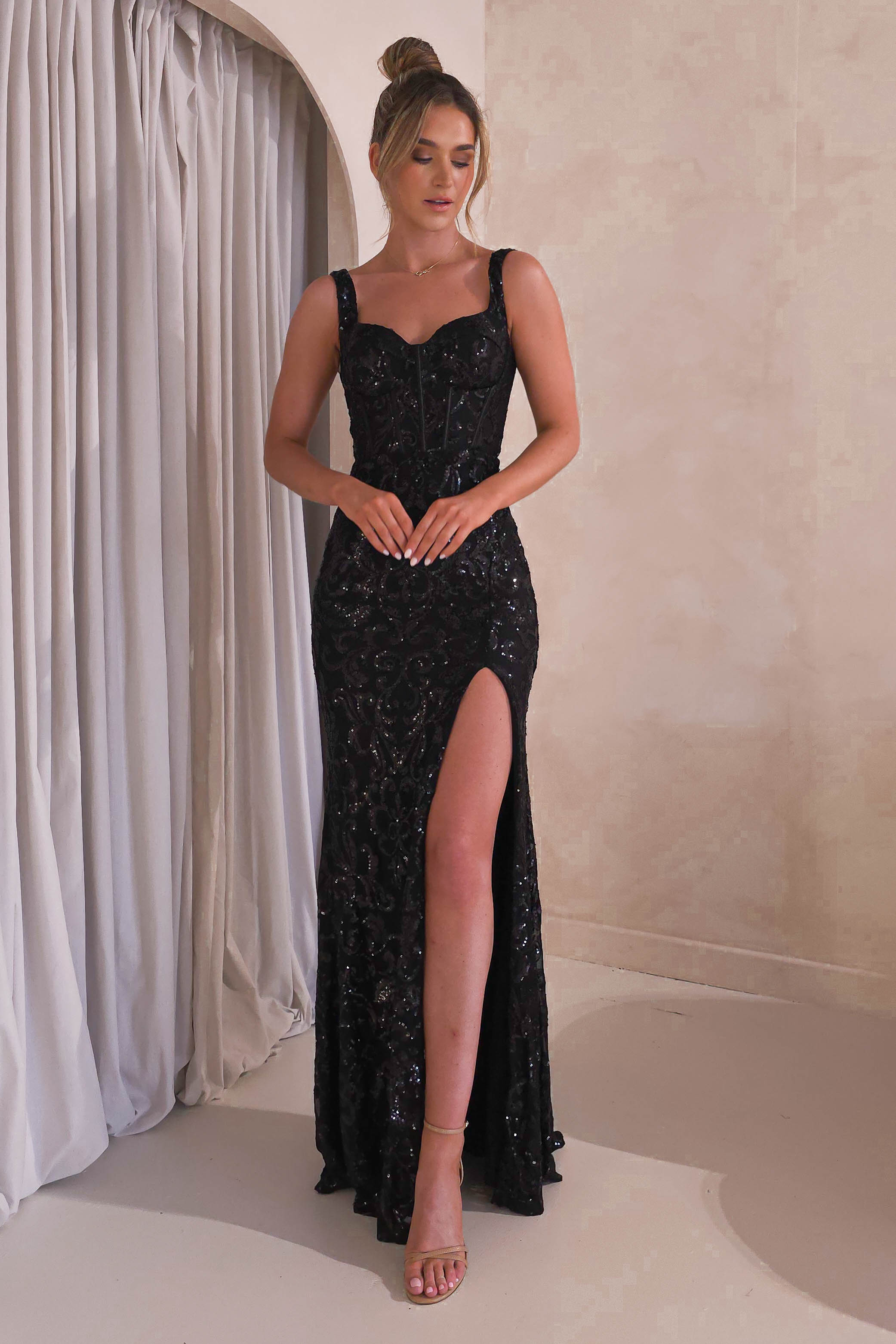 Aria Floral Sequin Embellished Gown | Black