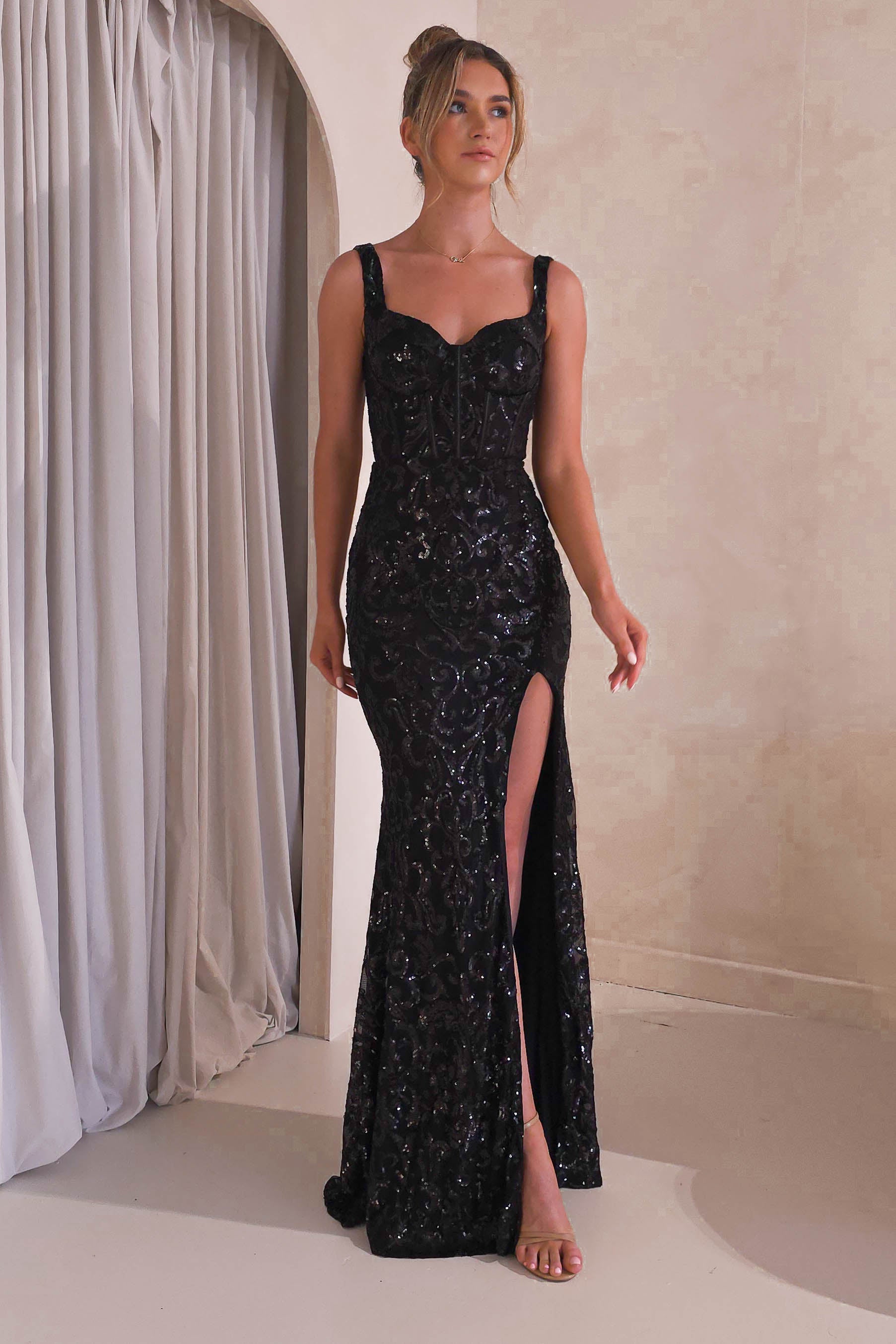 Aria Floral Sequin Embellished Gown | Black