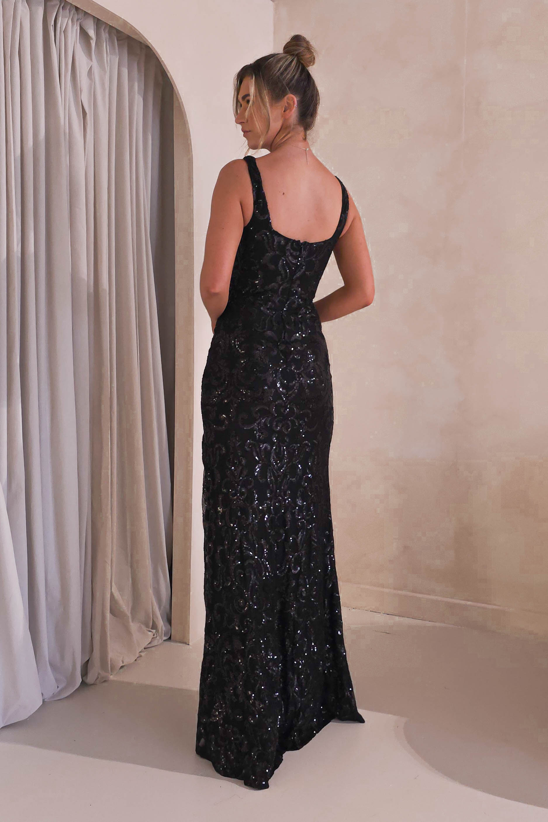 Aria Floral Sequin Embellished Gown | Black