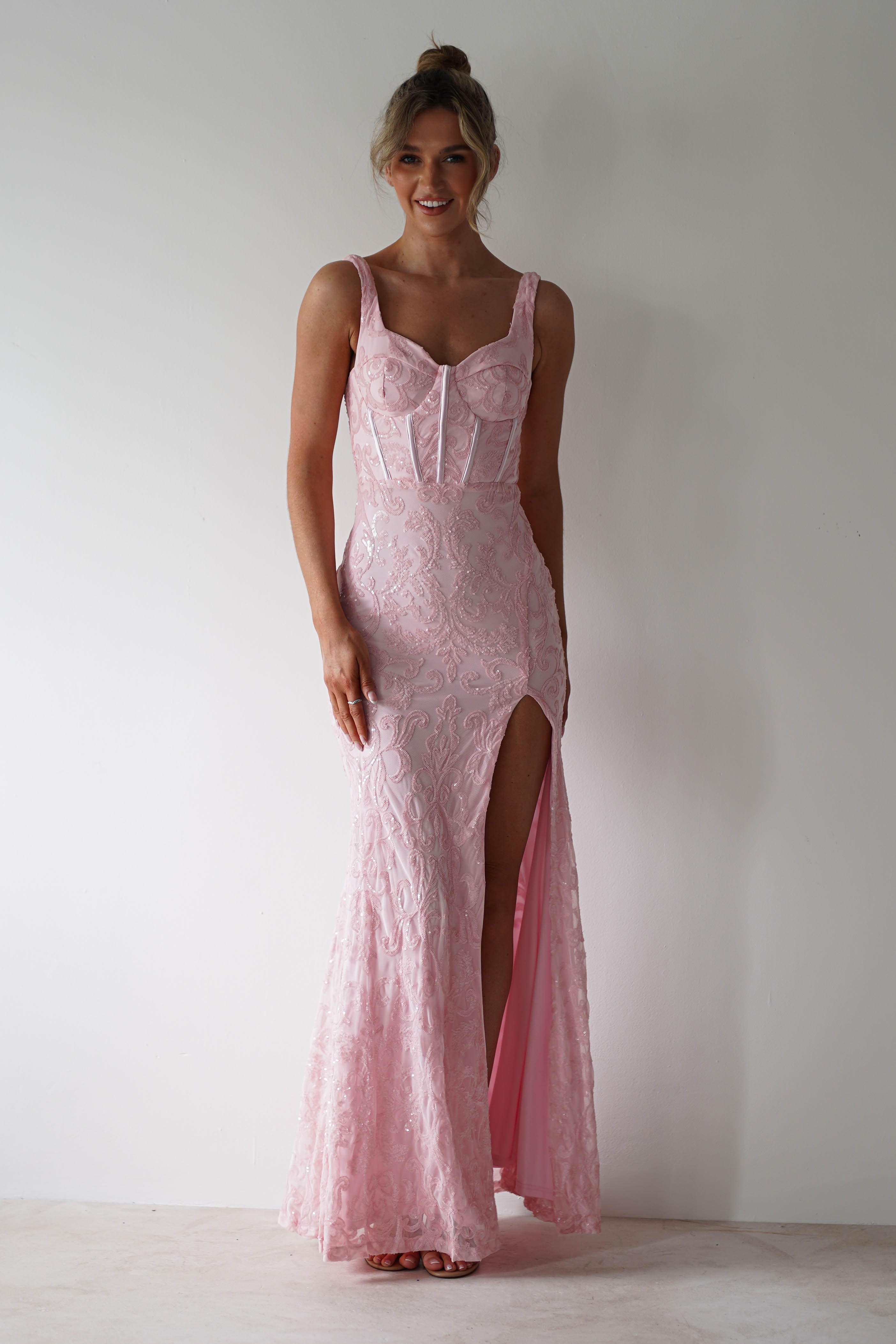 Aria Floral Sequin Embellished Gown | Pink