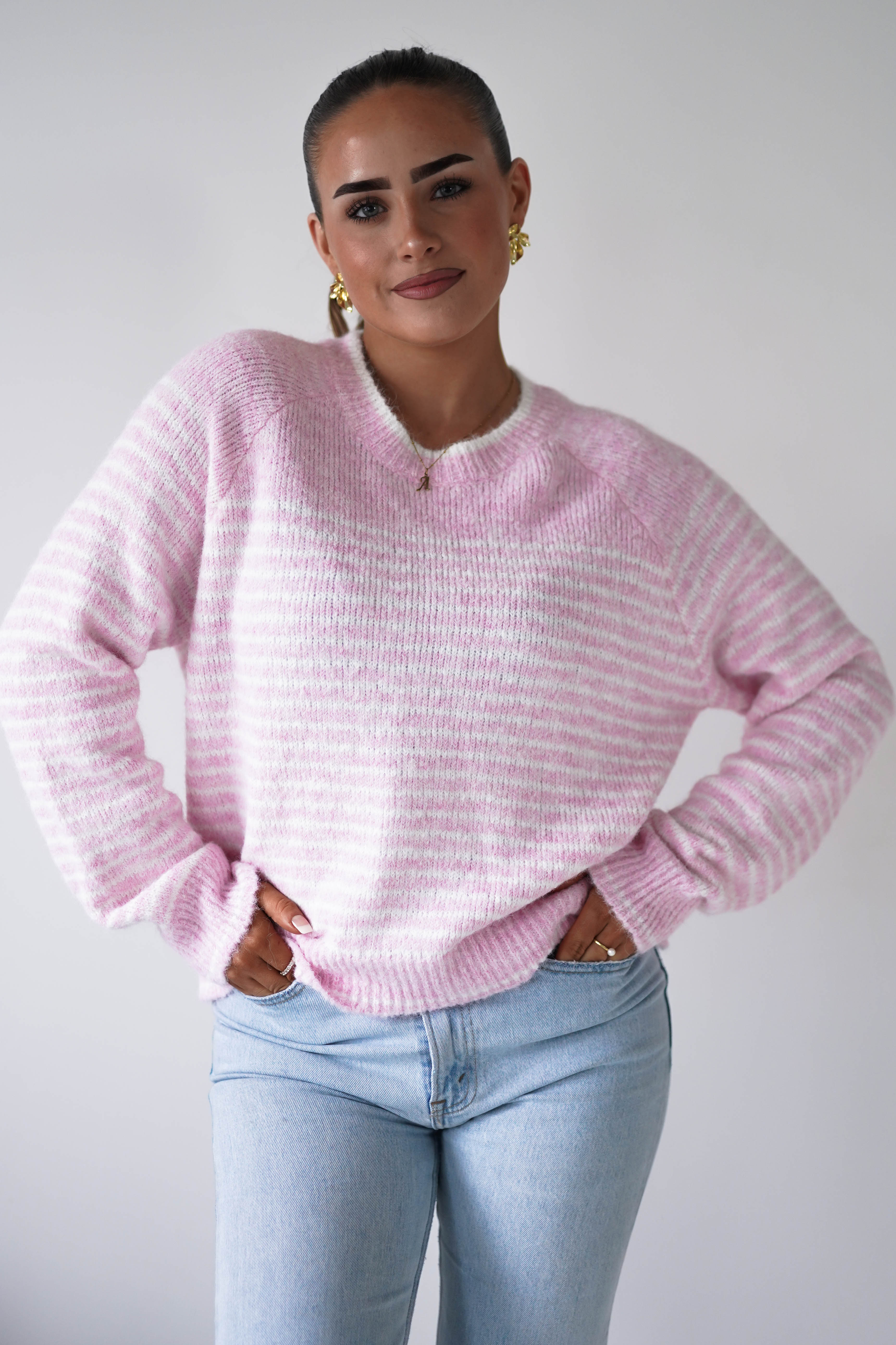 Oh Hello Clothing Women > Clothing > Knitwear ONE SIZE (6/12) Aria Striped Cosy Knit Jumper | Pink