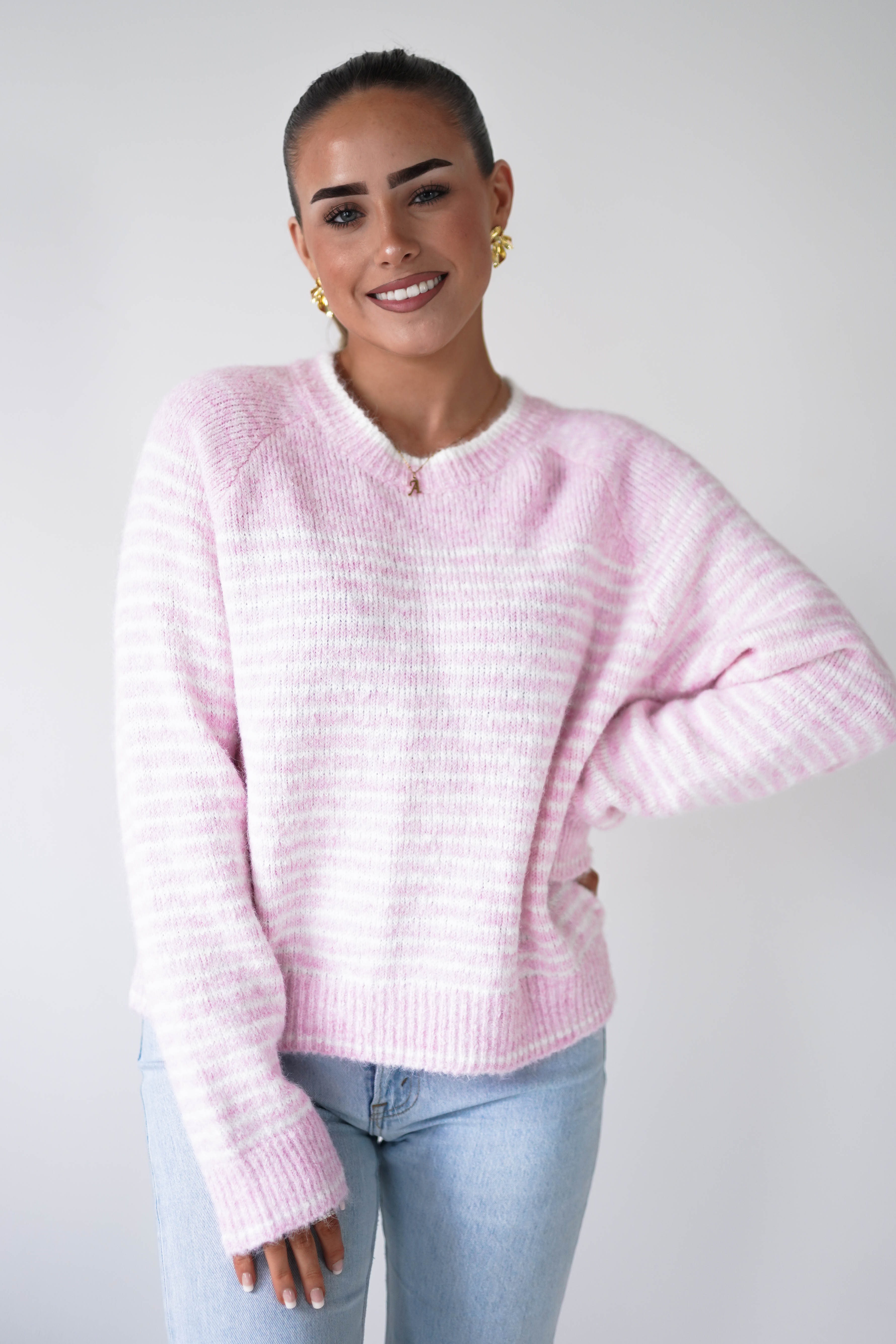 Oh Hello Clothing Women > Clothing > Knitwear ONE SIZE (6/12) Aria Striped Cosy Knit Jumper | Pink