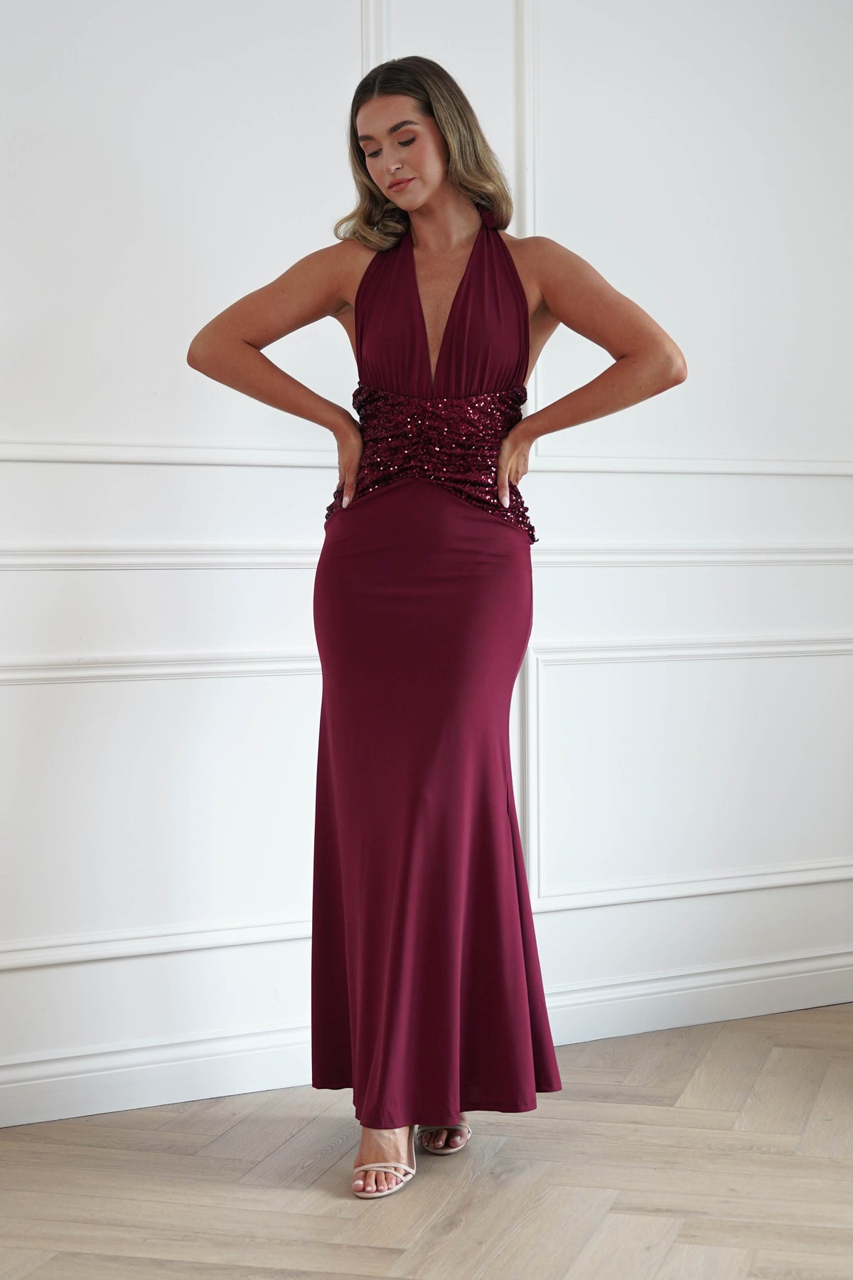 Oh Hello Clothing Women > Clothing > Dresses Aribella Plunge Halternect Sequin Maxi Dress | Burgundy
