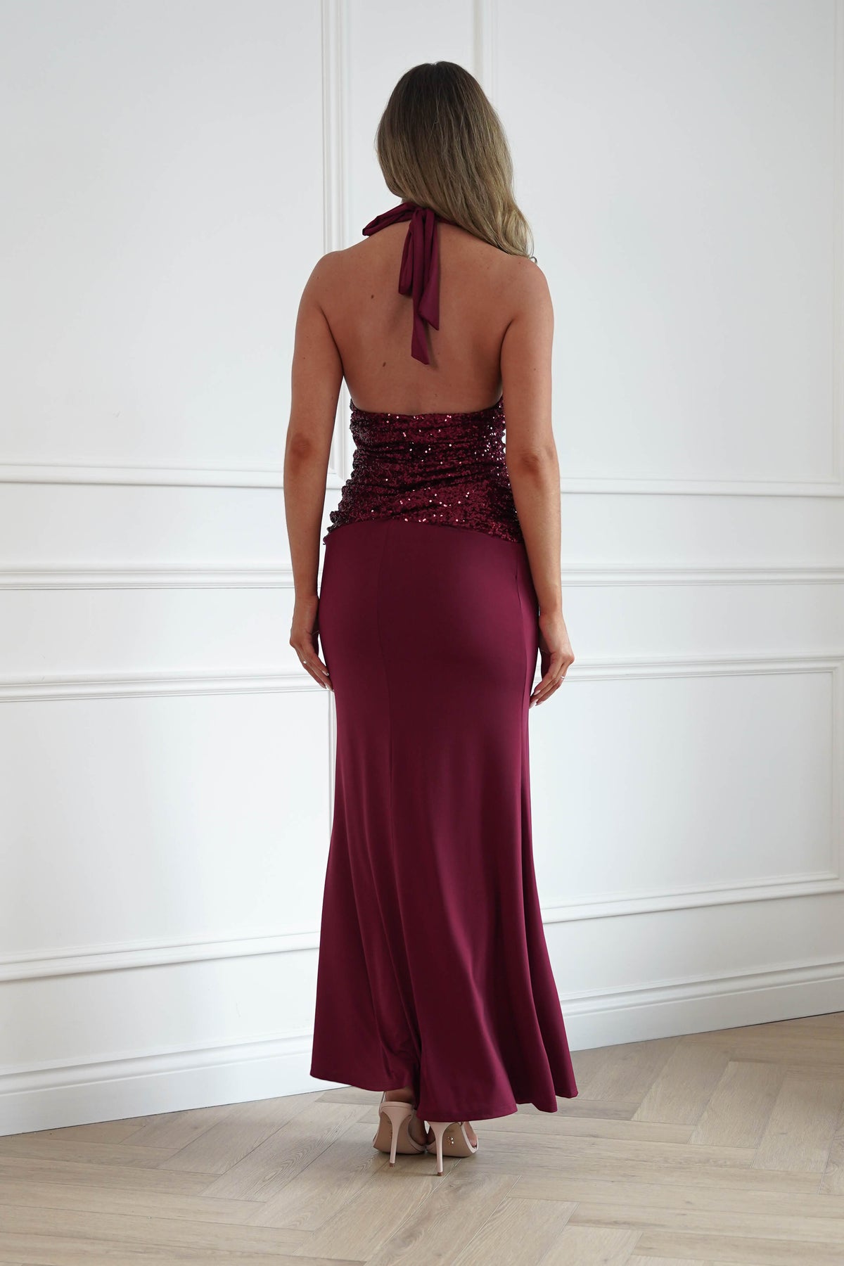 Oh Hello Clothing Women > Clothing > Dresses Aribella Plunge Halternect Sequin Maxi Dress | Burgundy