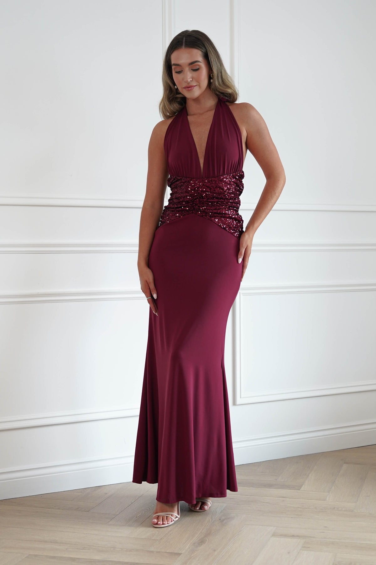 Oh Hello Clothing Women > Clothing > Dresses Aribella Plunge Halternect Sequin Maxi Dress | Burgundy