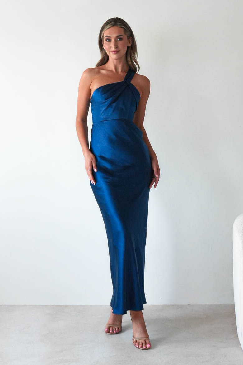 Ashlee Soft Satin One Shoulder Maxi Dress | Navy