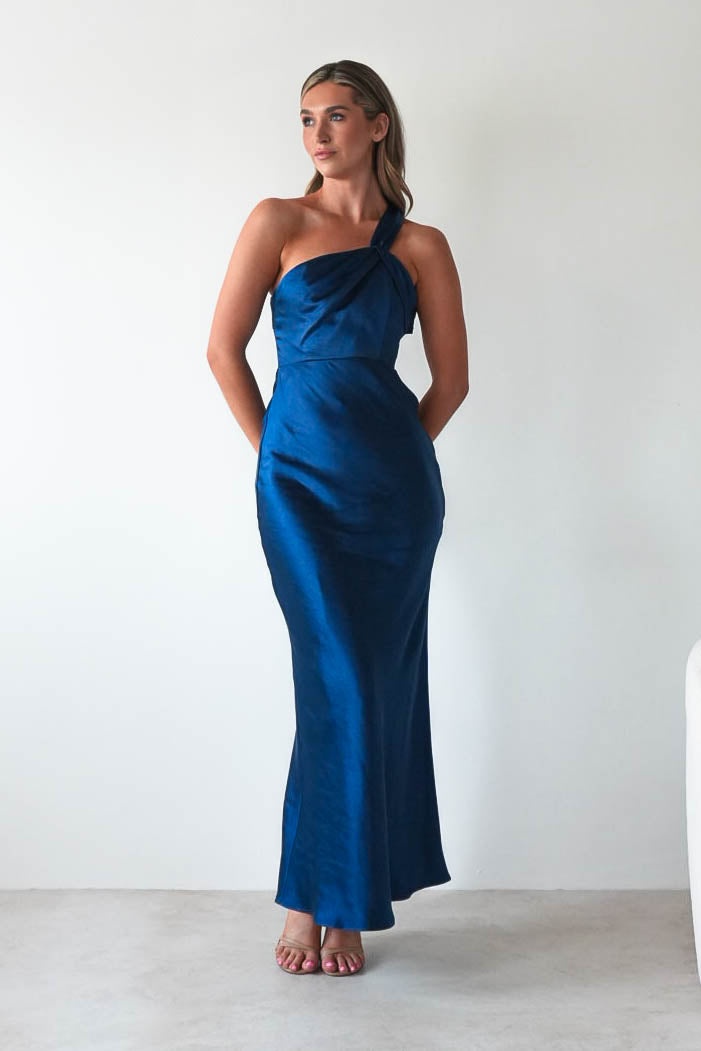 Ashlee Soft Satin One Shoulder Maxi Dress | Navy