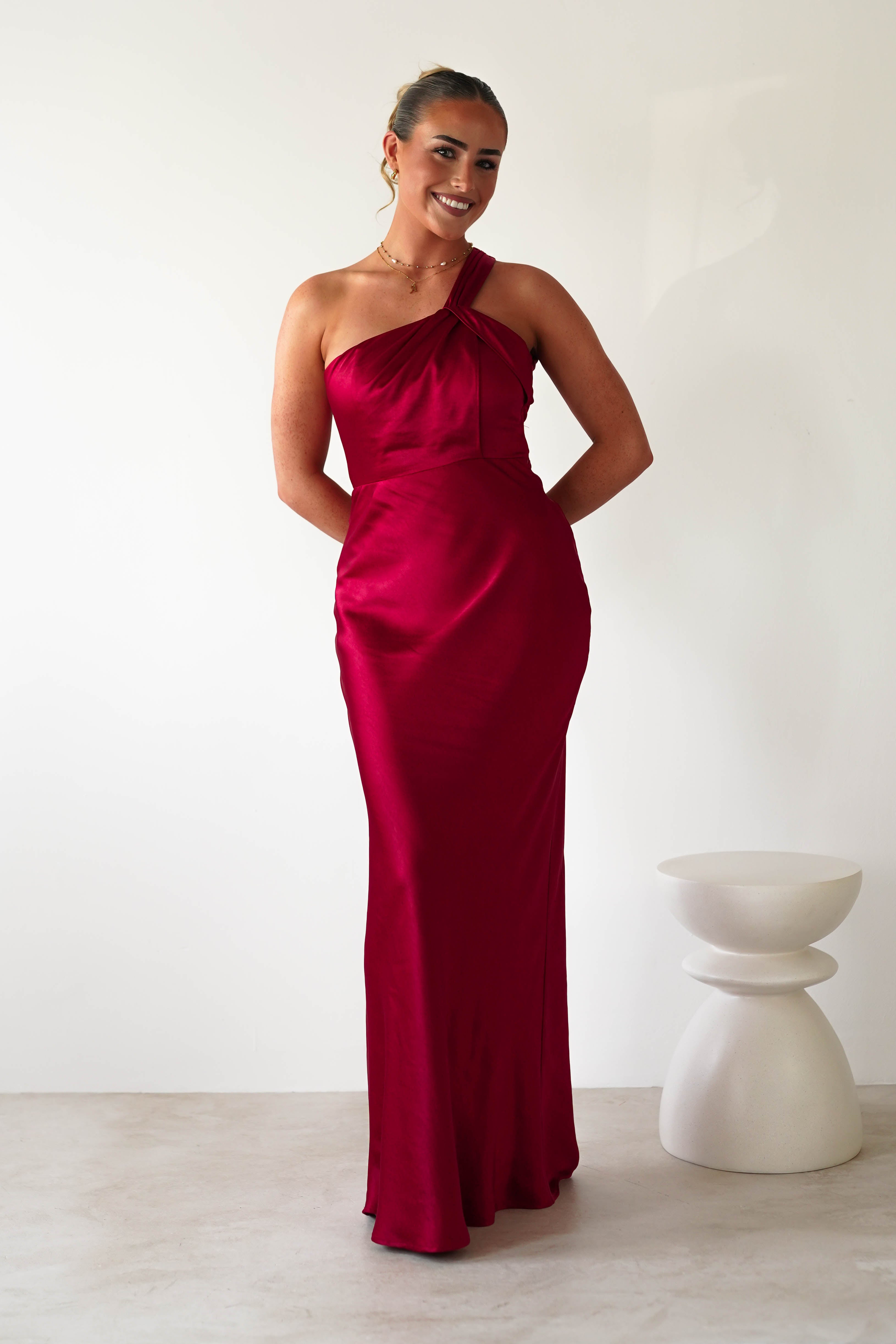 Ashlee Soft Satin One Shoulder Maxi Dress | Red | Oh Hello Clothing | XS (6)