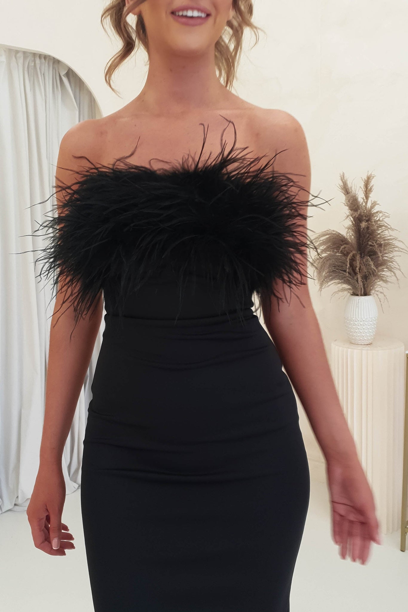 Ashlyn Feather Detail Midi Dress | Black | Black Tie Dresses – Oh Hello ...