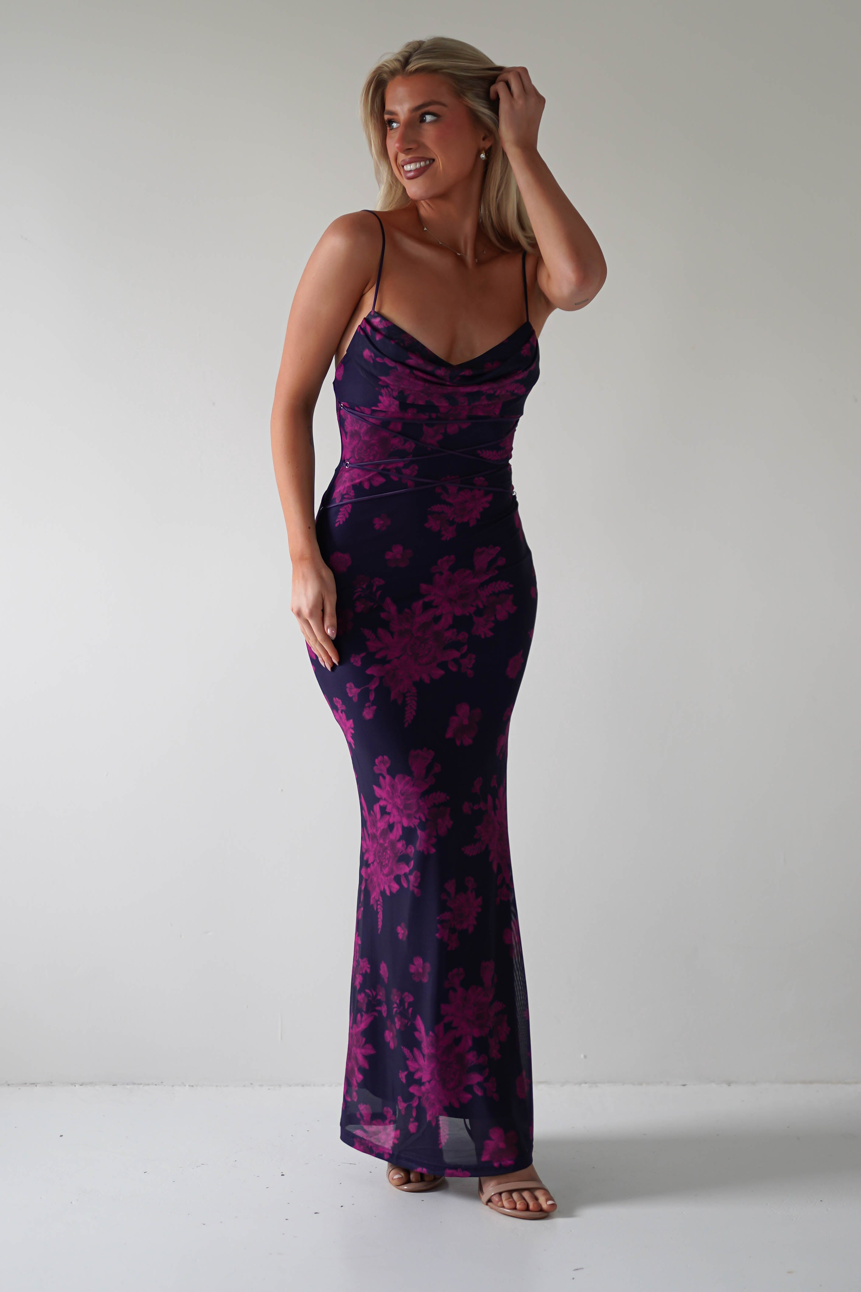 Audrie Bodycon Printed Maxi Dress | Grape