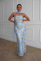 Oh Hello Clothing Women > Clothing > Dresses Auria Gold Textured Floral Applique Maxi Dress | Blue