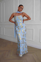 Oh Hello Clothing Women > Clothing > Dresses Auria Gold Textured Floral Applique Maxi Dress | Blue