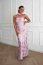 Oh Hello Clothing Women > Clothing > Dresses Auria Gold Textured Floral Applique Maxi Dress | Pink
