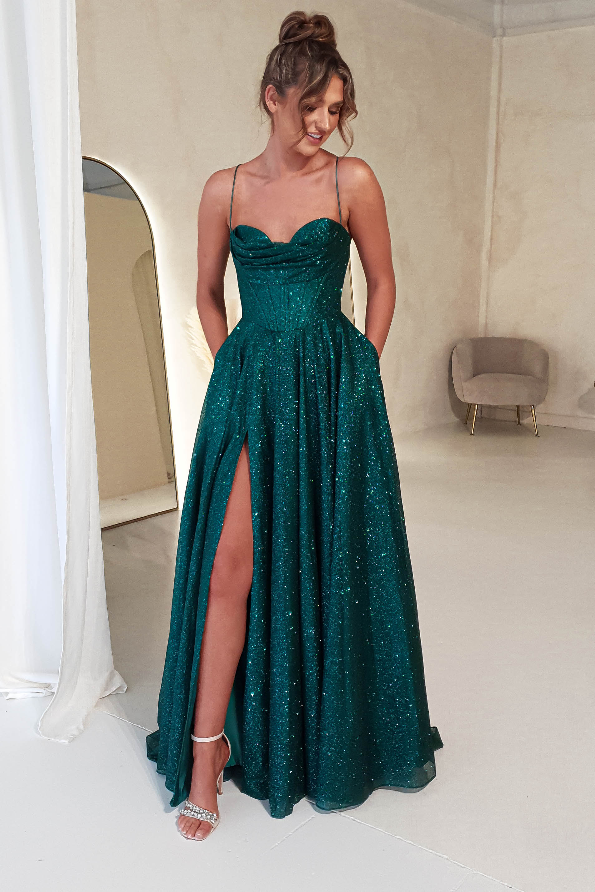 Aurora Corset Glitter Gown | Emerald Green
