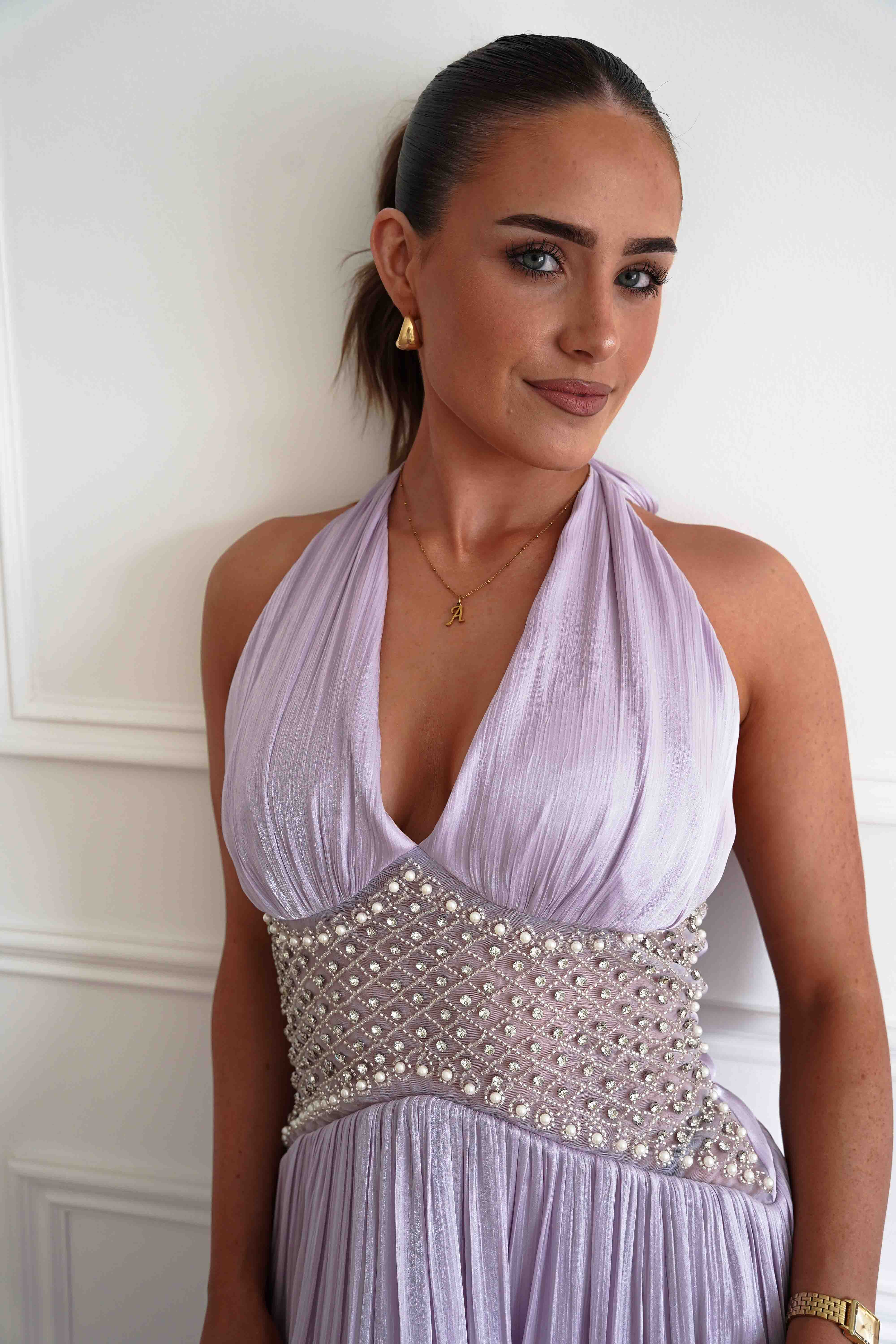 Oh Hello Clothing Dresses > Prom Dresses Aveline Luminescent Pleated Maxi Dress | Lilac