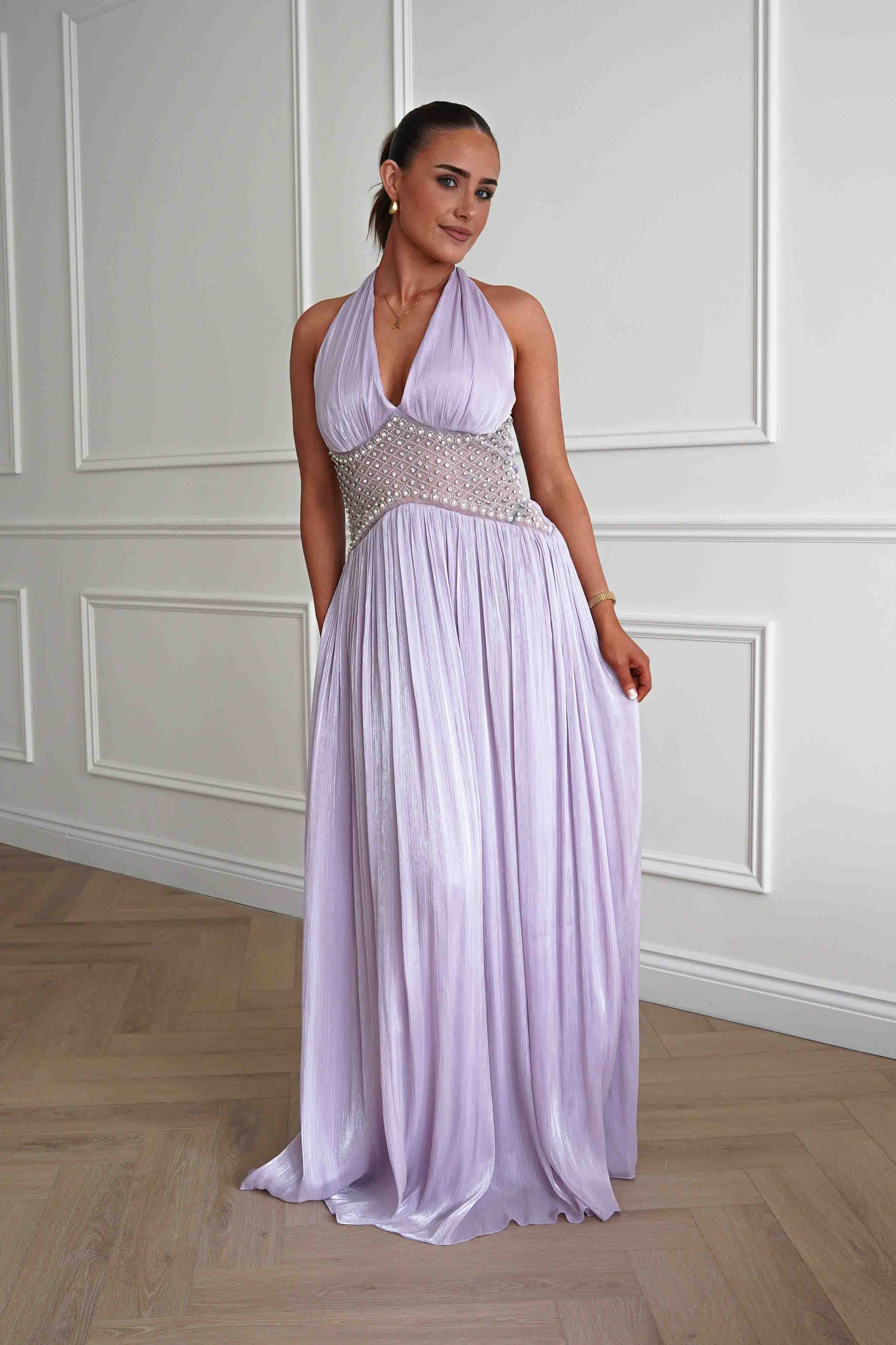 Oh Hello Clothing Dresses > Prom Dresses Aveline Luminescent Pleated Maxi Dress | Lilac