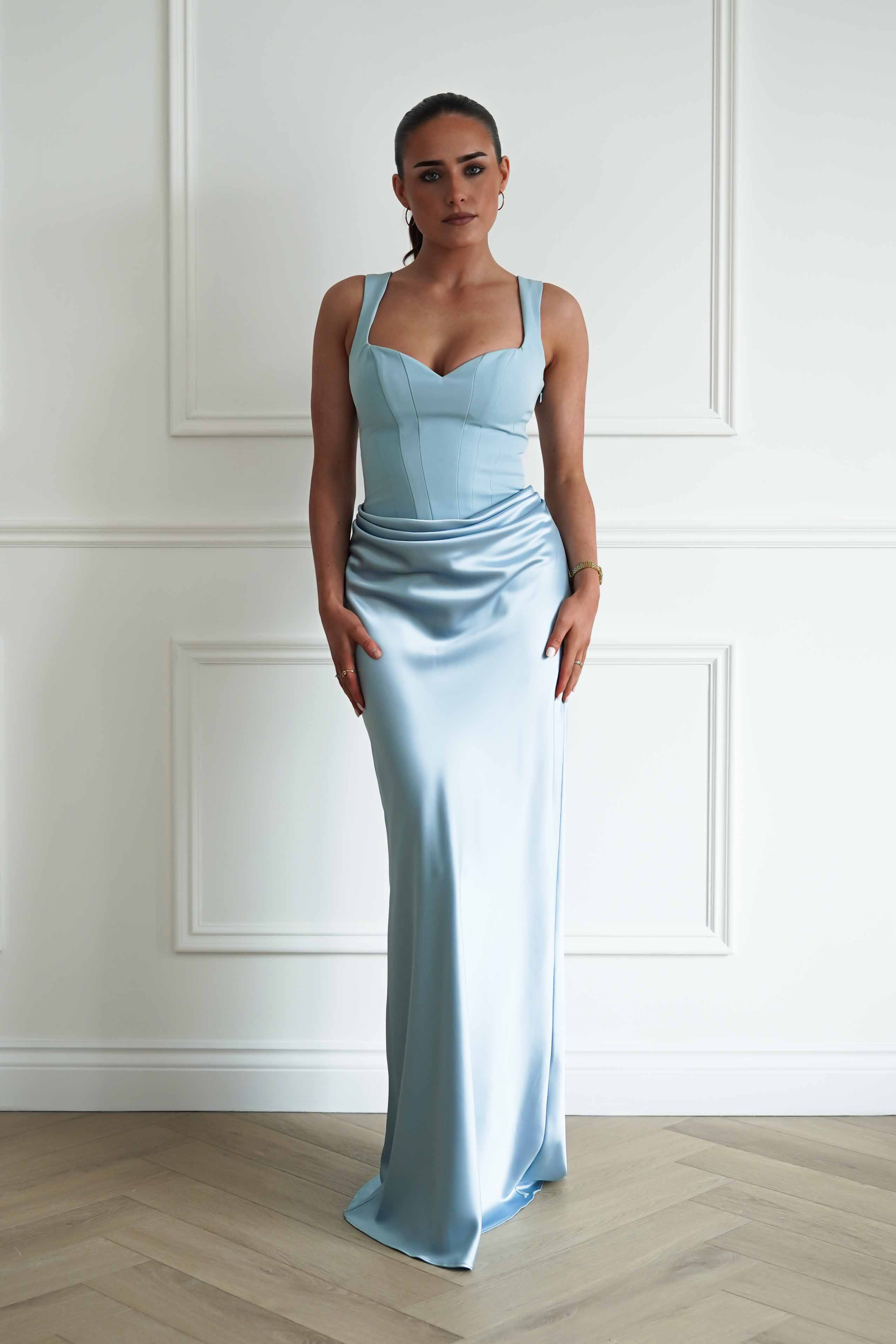 Oh Hello Clothing Women > Clothing > Dresses Avery Ruched Sweetheart Satin Maxi Dress | Blue