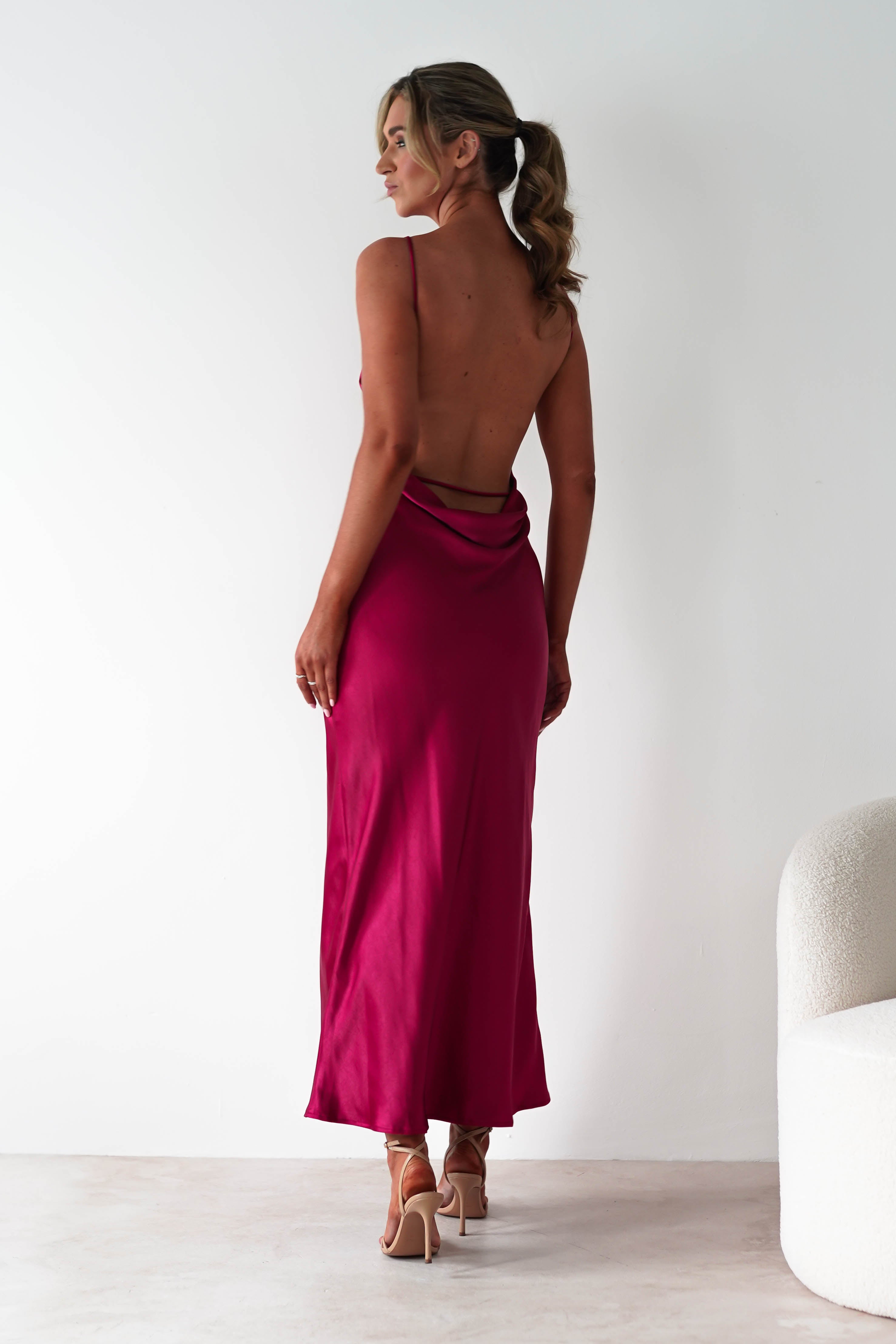 Bayleigh Soft Satin Maxi Dress | Berry Red | Oh Hello Clothing | XS (6)