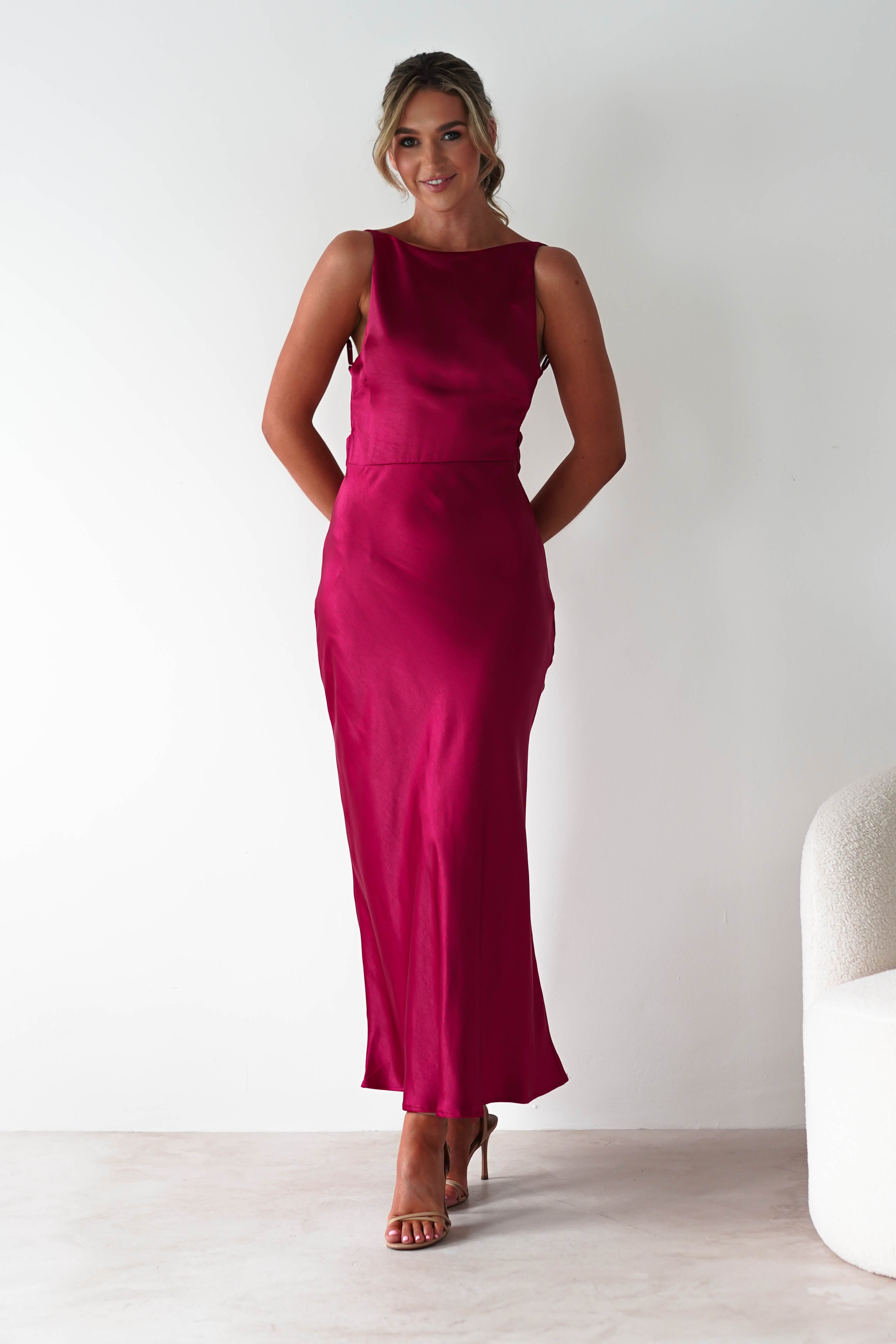 Bayleigh Soft Satin Maxi Dress | Berry Red | Oh Hello Clothing | XS (6)