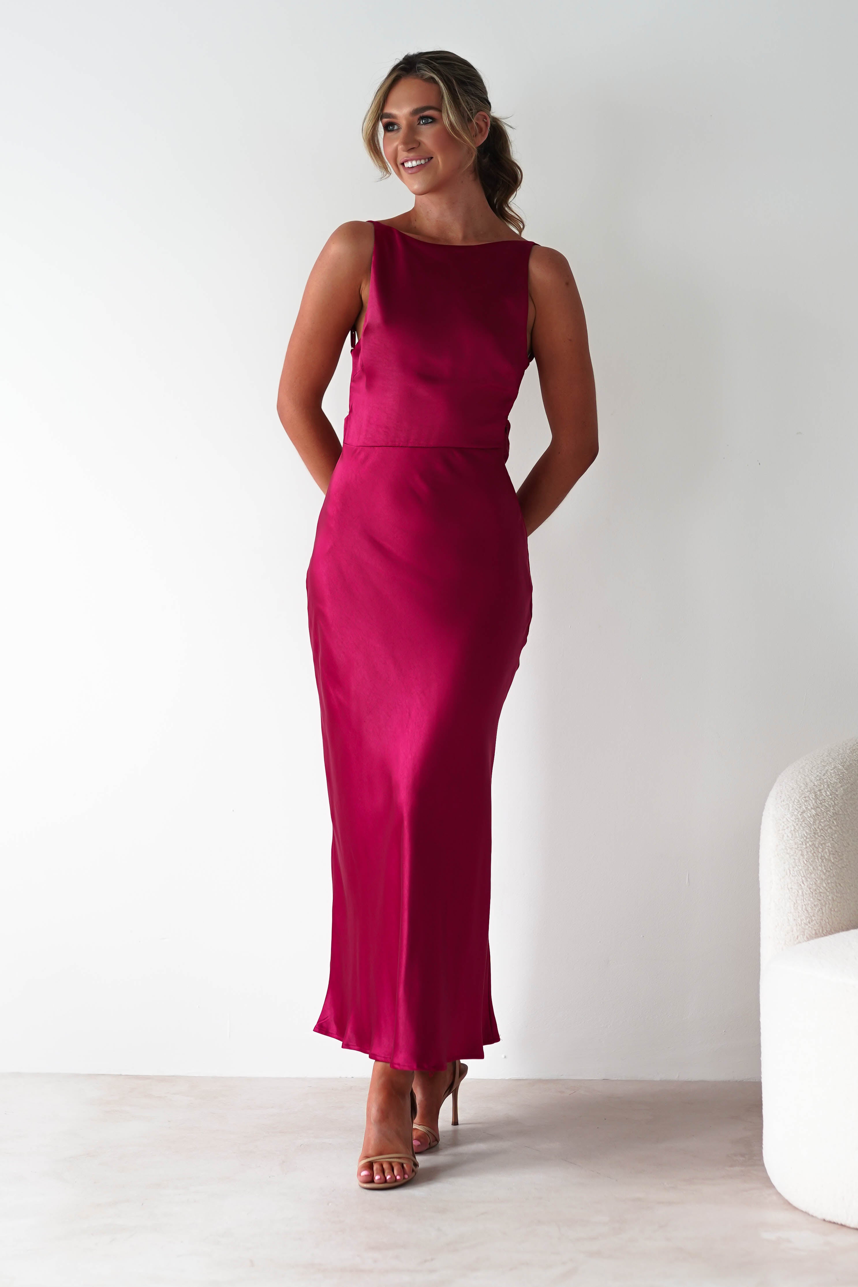 Bayleigh Soft Satin Maxi Dress | Berry Red | Oh Hello Clothing | XS (6)
