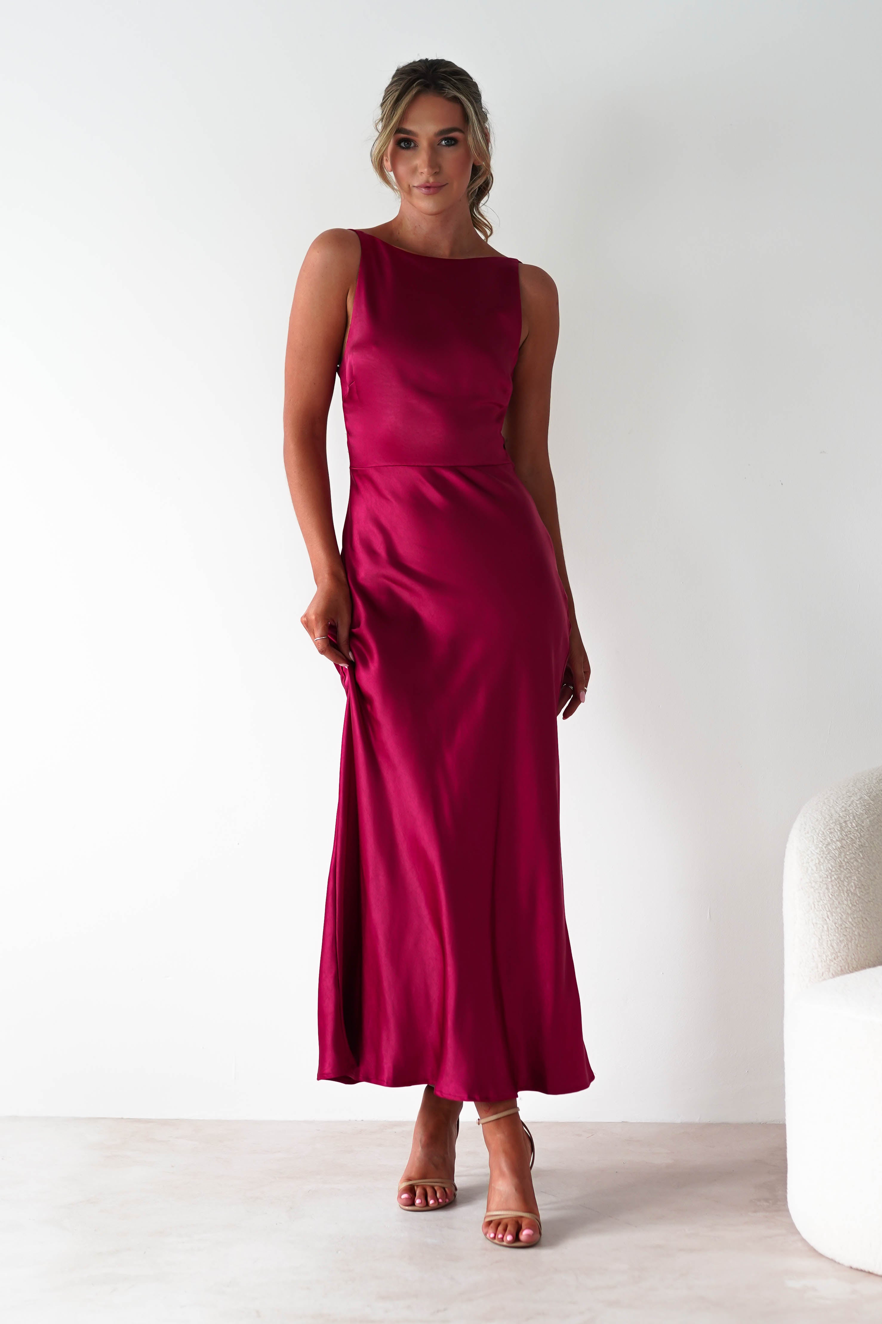 Bayleigh Soft Satin Maxi Dress | Berry Red | Oh Hello Clothing | XS (6)